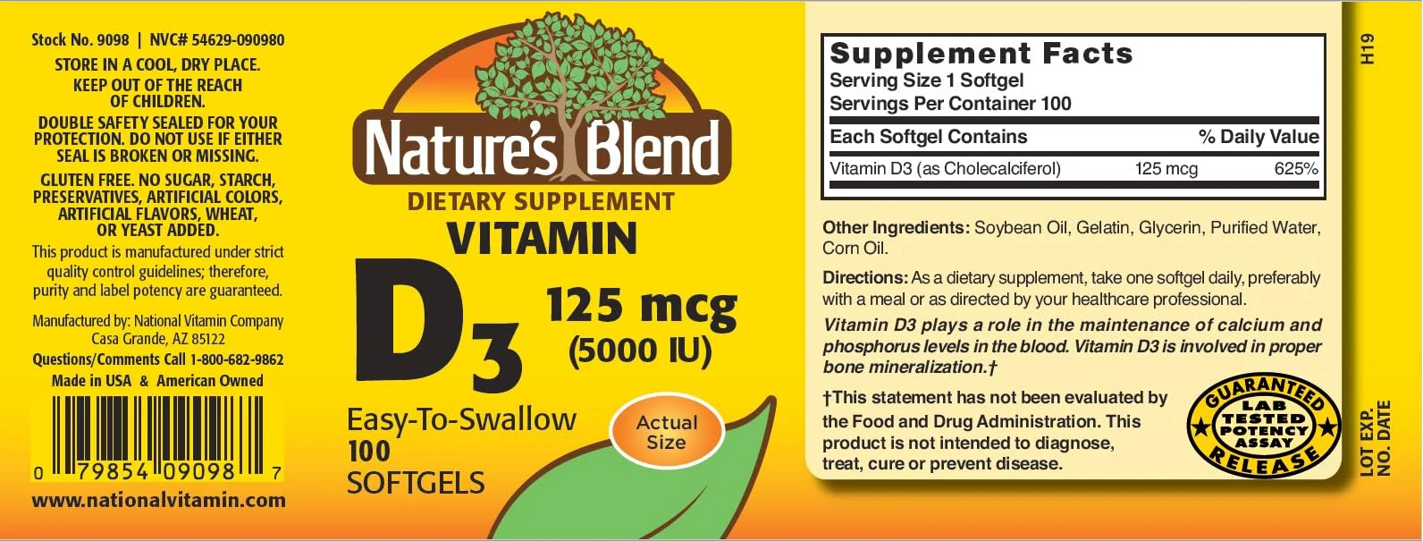 Nature's Blend Vitamin D3 125 MCG (5000 IU) Easy-to-Swallow, 100 SOFTGELS - Image 3