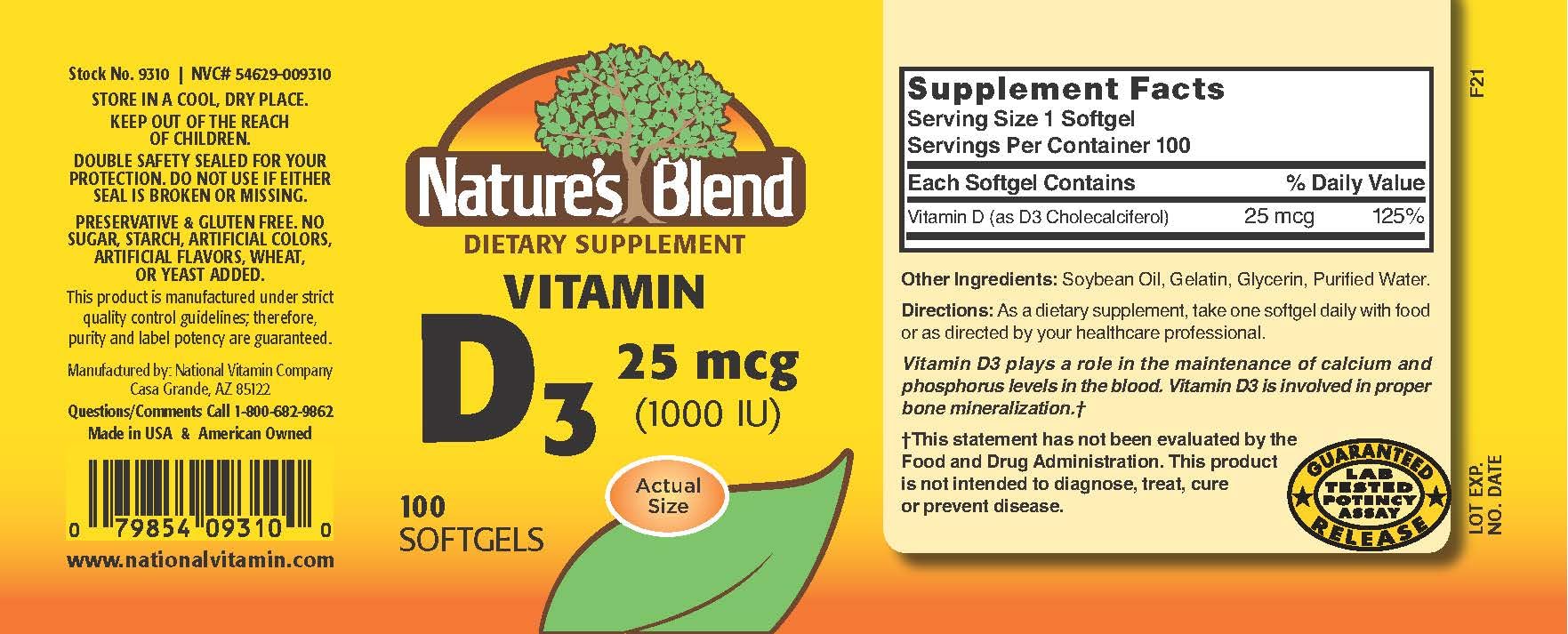 Nature's Blend Vitamin D3 25 MCG (1000 IU) Easy-to-Swallow, 100 SOFTGELS - Image 3