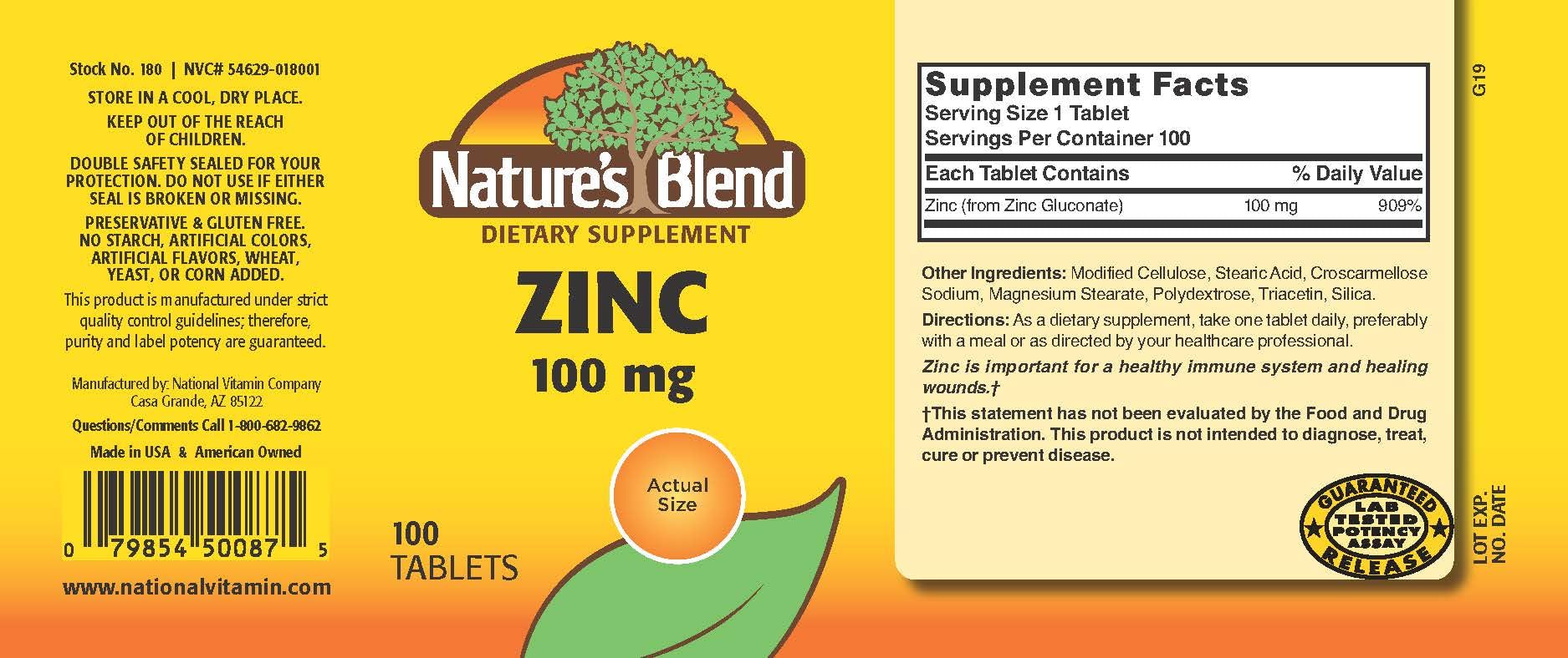 Nature's Blend Zinc Gluconate 100 mg, 100 Tablets - Image 3