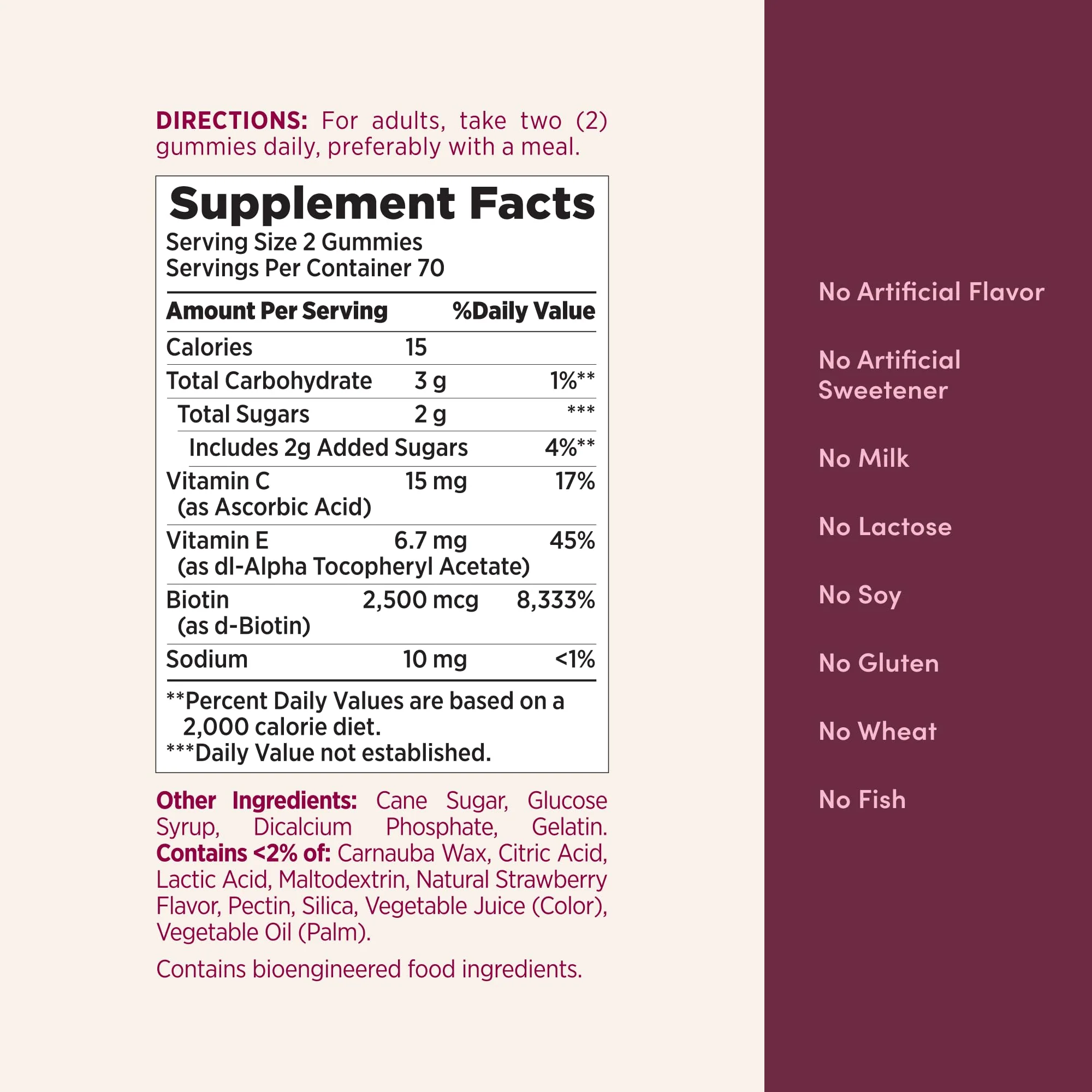Nature's Bounty Hair, Skin & Nails with Biotin, Strawberry Gummies Vitamin Supplement, Supports Hair, Skin, and Nail Health for Women, 2500 mcg, 140 Ct, 70 Total Servings - Image 3