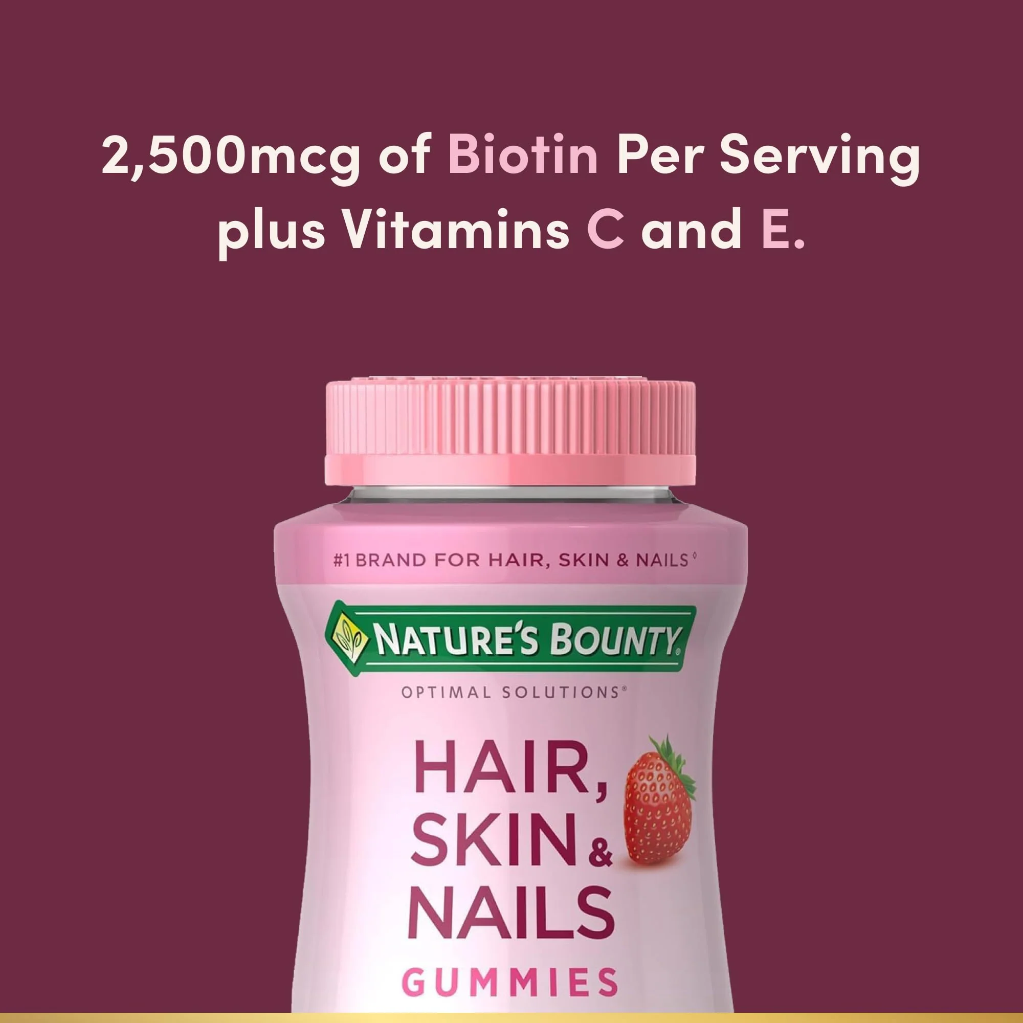 Nature's Bounty Hair, Skin & Nails with Biotin, Strawberry Gummies Vitamin Supplement, Supports Hair, Skin, and Nail Health for Women, 2500 mcg, 140 Ct, 70 Total Servings - Image 5