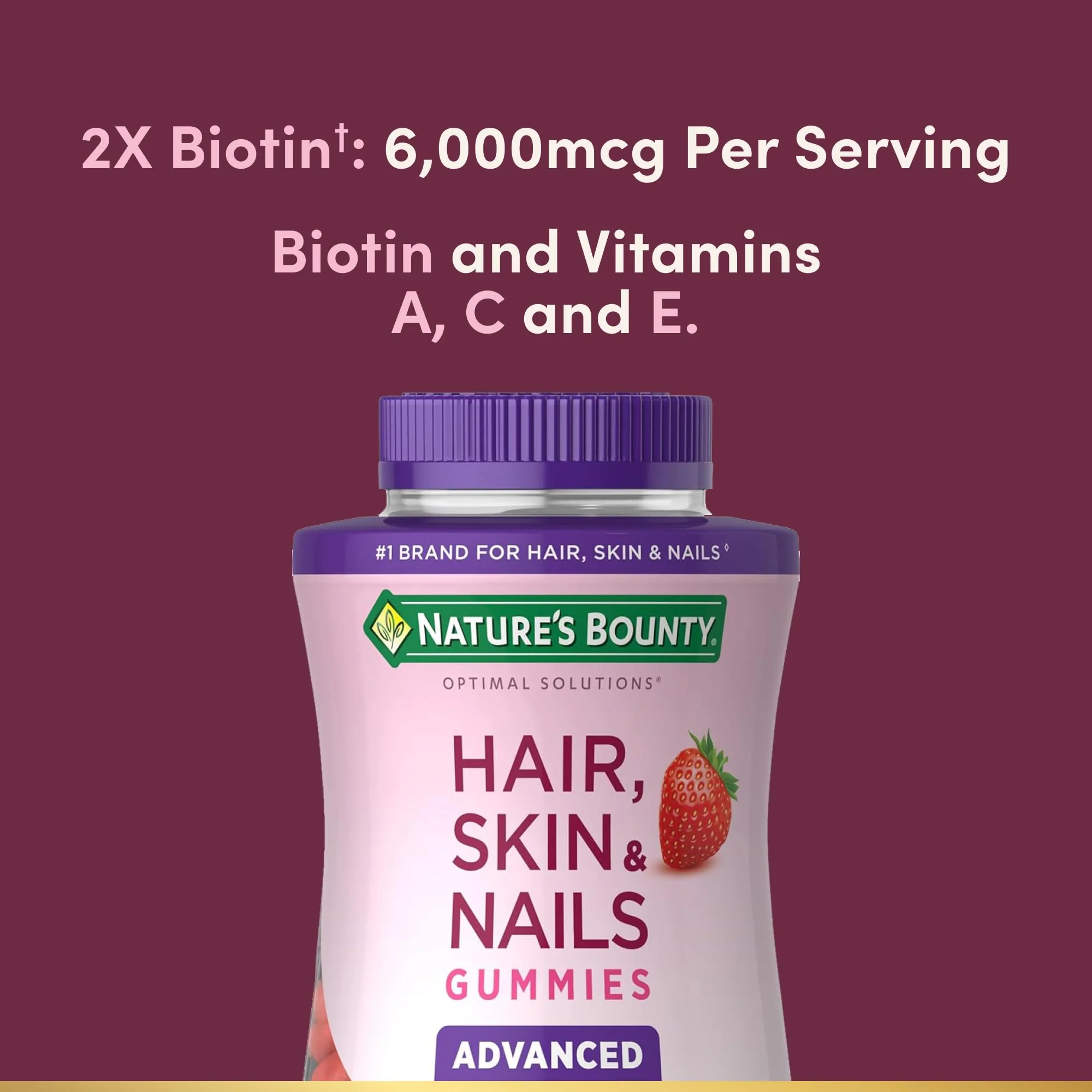 Nature's Bounty Optimal Solutions Advanced Hair, Skin, Nails, 2X Biotin, 80 Strawberry Gummies, 40 Total Servings - Image 5