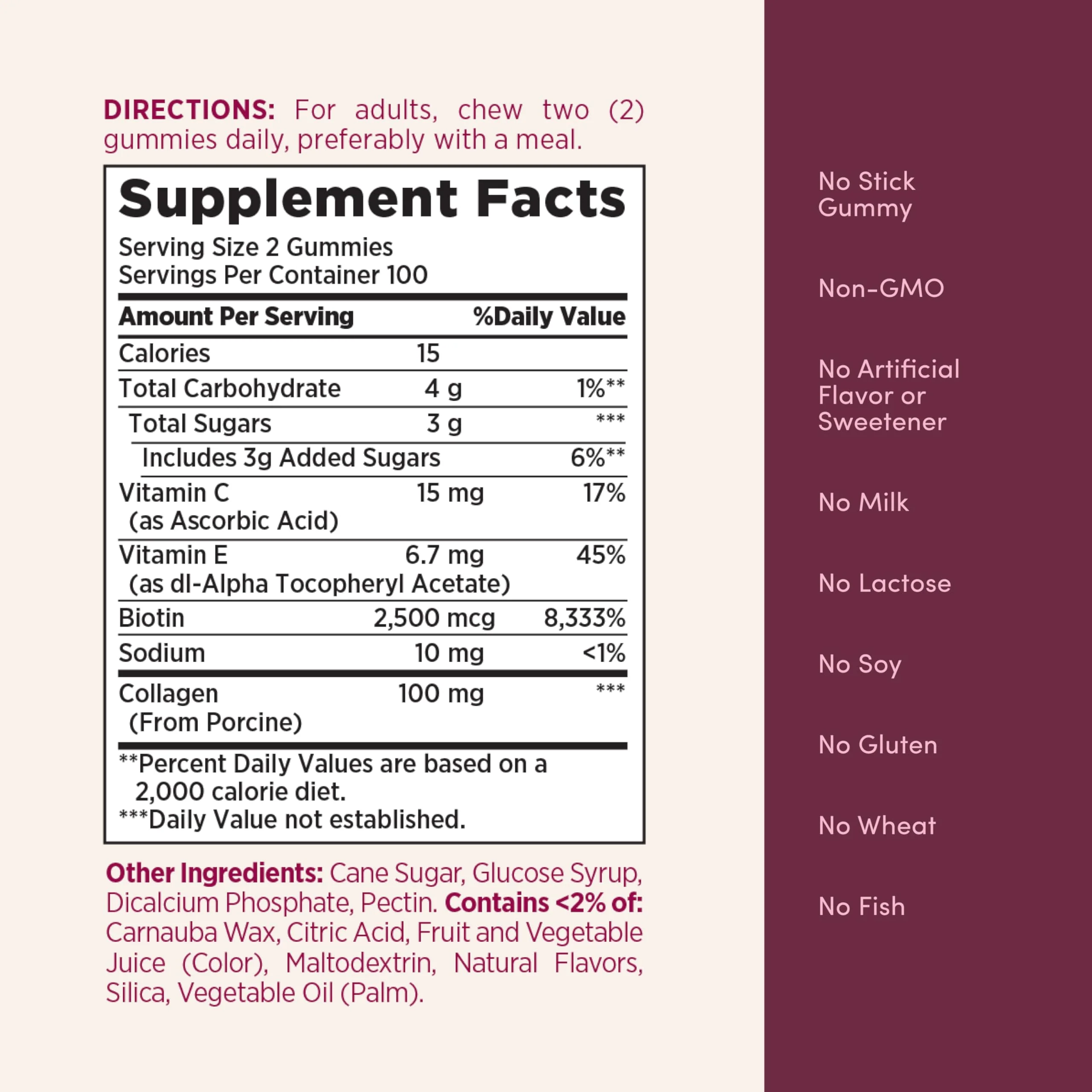 Nature's Bounty Optimal Solutions Hair, Skin and Nails Collagen Pectin Gummies, 100 mg Collagen and 2,500 mcg Biotin Per Serving, No Stick Gummy, Tropical Citrus Flavor, 200 ct, 100 Total Servings - Image 3