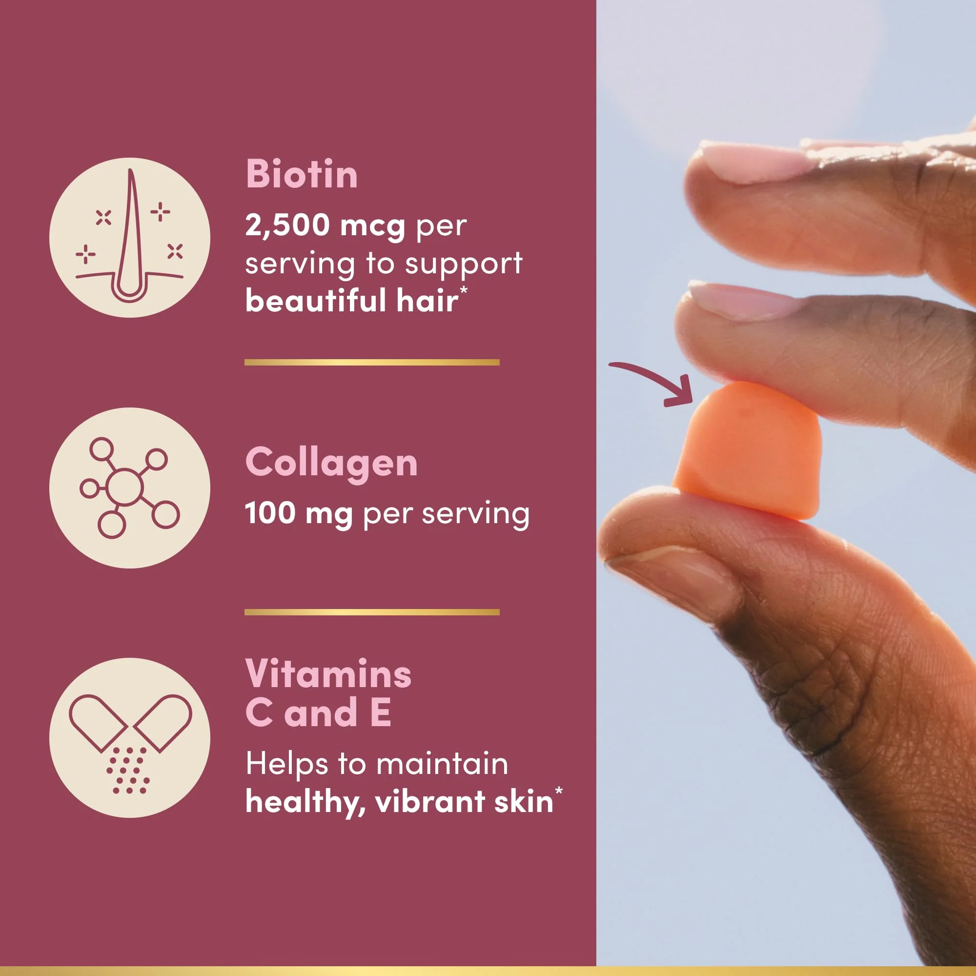 Nature's Bounty Optimal Solutions Hair, Skin and Nails Collagen Pectin Gummies, 100 mg Collagen and 2,500 mcg Biotin Per Serving, No Stick Gummy, Tropical Citrus Flavor, 200 ct, 100 Total Servings - Image 6
