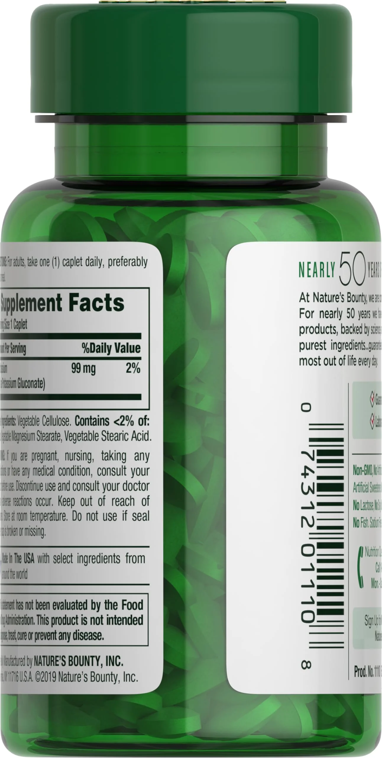 Nature's Bounty Potassium 99mg, Supports Fluid Balance and Muscle Activity, Involved in Normal Heart Function, Potassium Gluconate Dietary Supplement, Gluten Free, 1 Per Day, 100 Vegetarian Caplets - Image 6