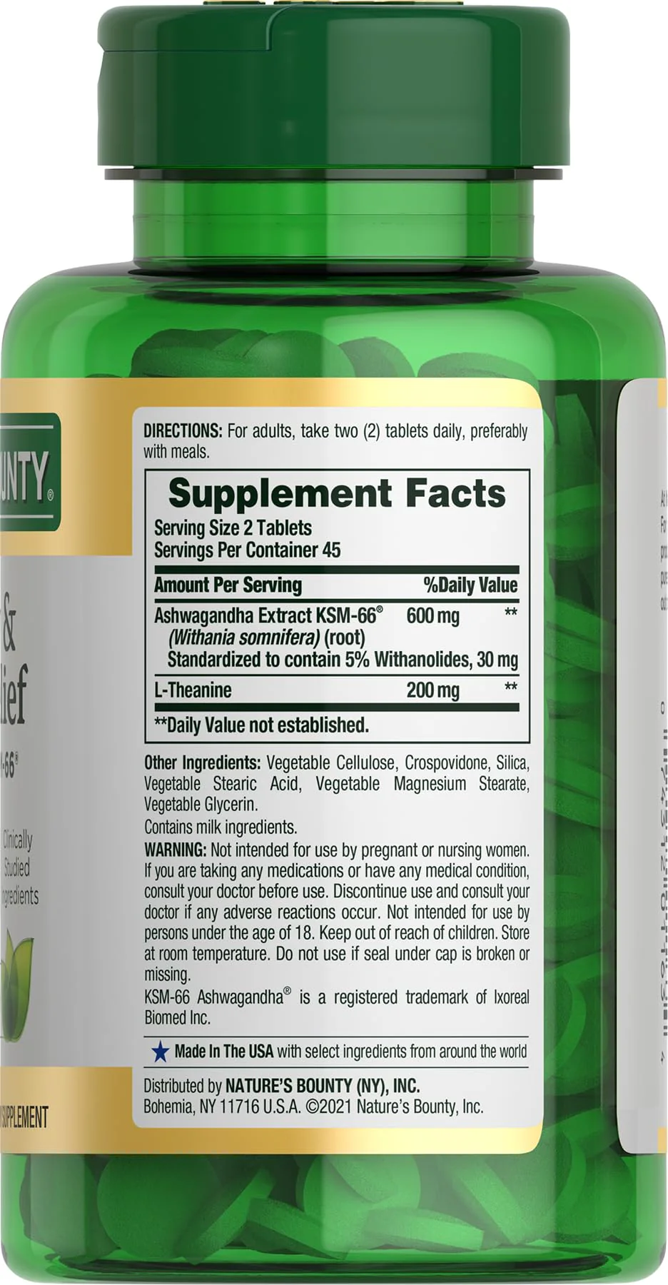 Nature's Bounty Stress Relief, Ashwagandha KSM-66, Supports Occasional Stress Relief, Dietary Supplement, 2 Tablets per Day, Vegetarian Tablets, Gluten Free, 90 Ct - Image 2