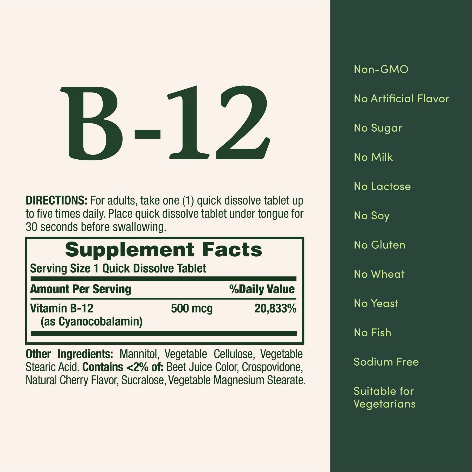 Nature's Bounty Vitamin B12, Supports Energy Metabolism and Nervous System Health, 500mcg, 100 Quick Dissolve Tablets - Image 3