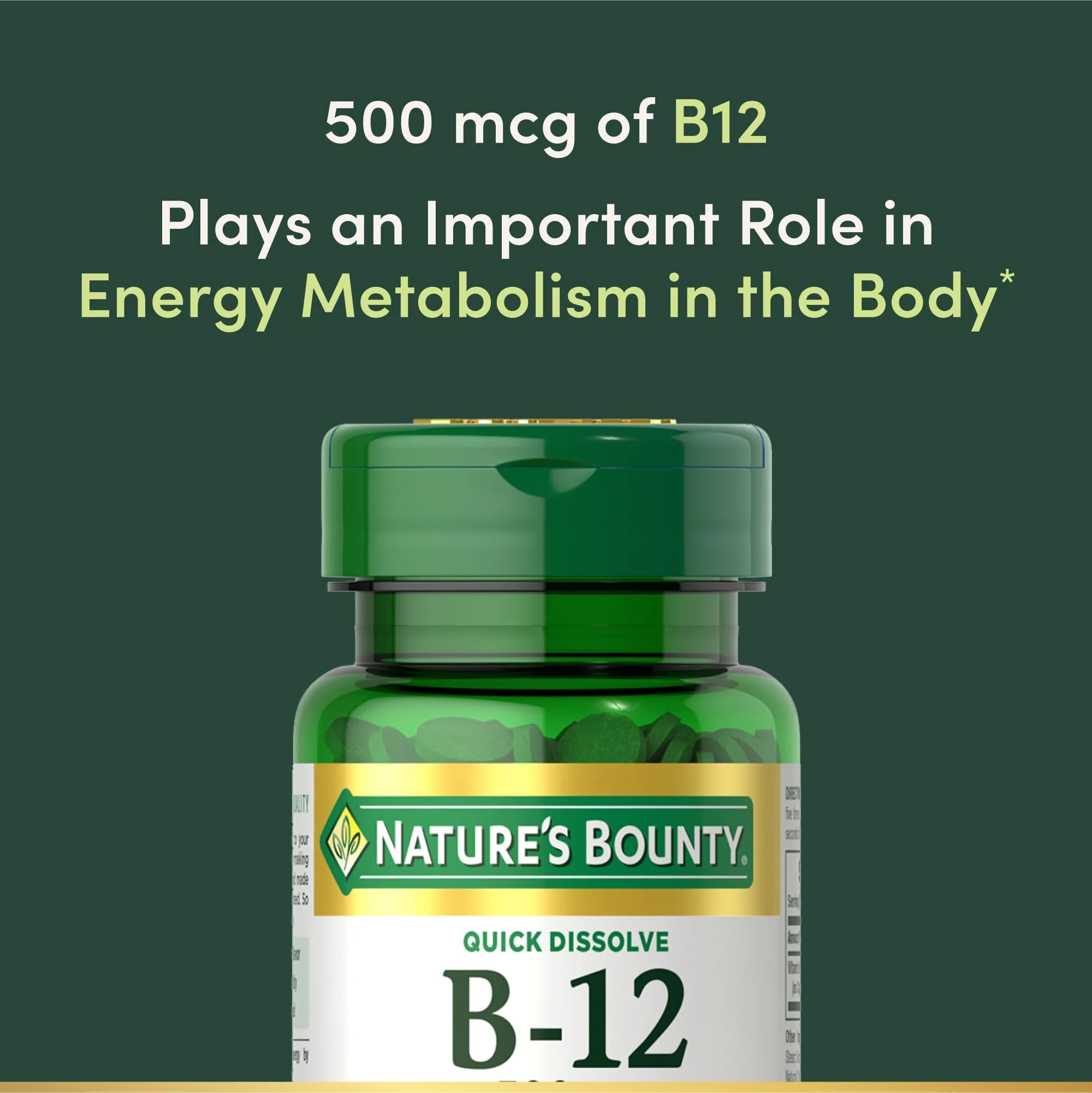Nature's Bounty Vitamin B12, Supports Energy Metabolism and Nervous System Health, 500mcg, 100 Quick Dissolve Tablets - Image 5