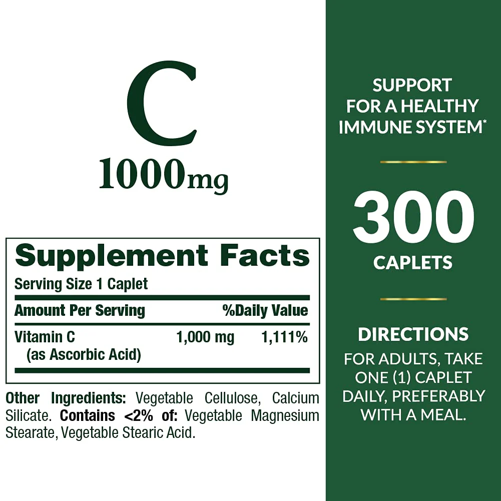 Nature's Bounty Vitamin C 1000mg, Supports Immune and Antioxidant Health, Vitamin C Supplement, 1 Per Day, 300 Vegetarian Caplets - Image 5
