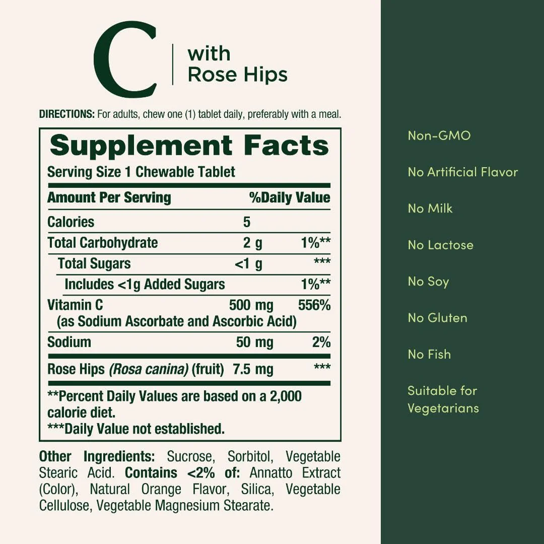 Nature's Bounty Vitamin C, Support for a Healthy Immune System, 500 mg Vitamin C with Rosehips, 90 Chewable Tablets - Image 5