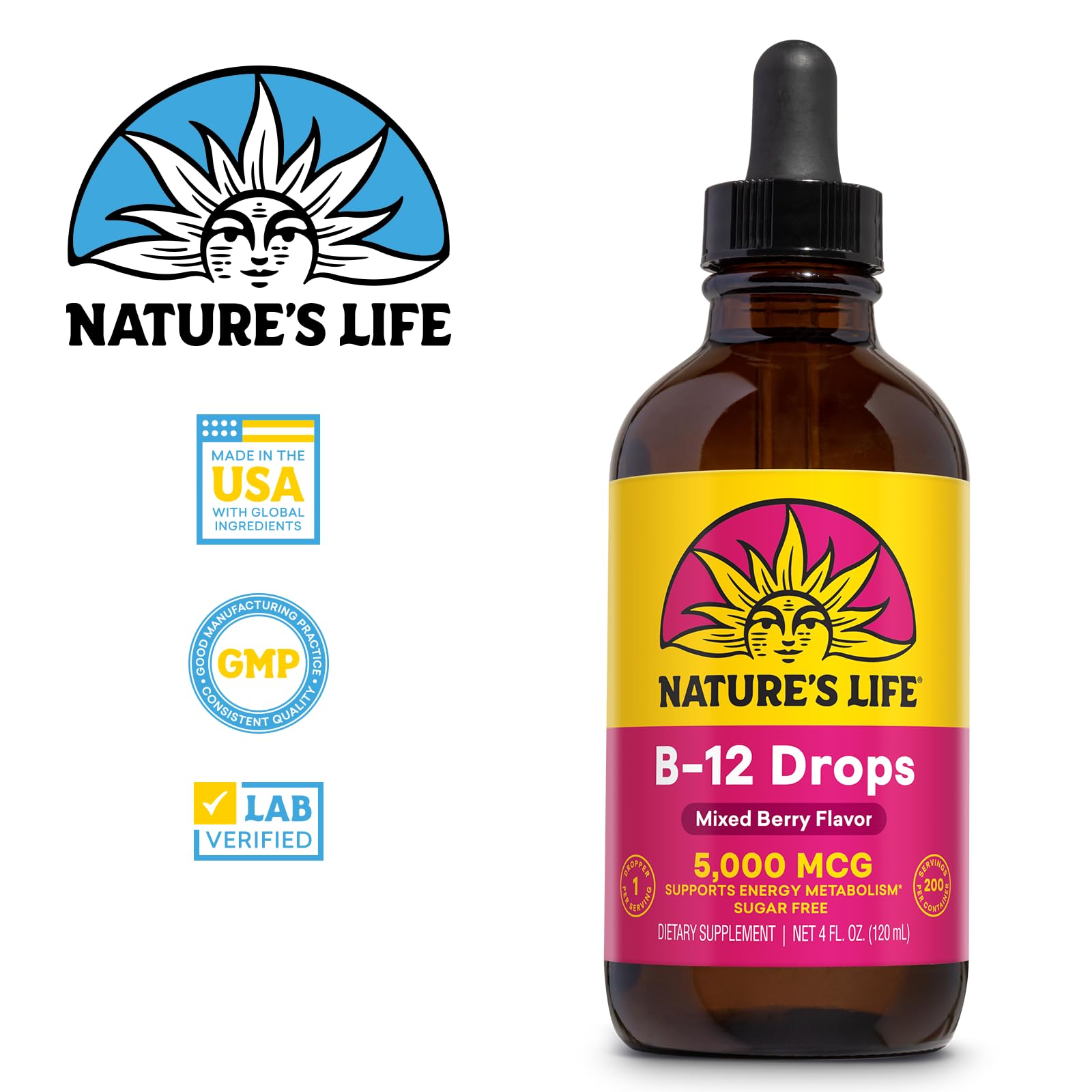Nature's Life B12 Drops 5000 mcg - Vitamin B12 Methylcobalamin - Liquid B12 Supplement for Energy Metabolism, Nerve Function and Red Blood Cell Support Natural Mixed Berry, Sugar Free (200 Serv, 4oz) - Image 6