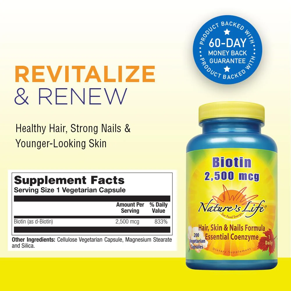 Nature's Life Biotin 2500mcg | Healthy Hair, Skin, Nail & Metabolism Support | Non-GMO | 200 Vegetable Capsules - Image 2
