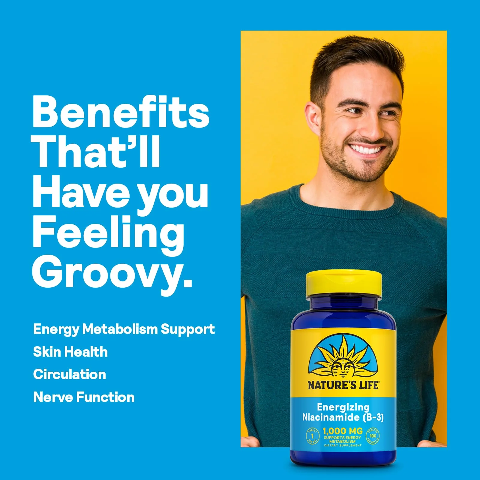 Nature's Life Energizing Niacinamide, Vitamin B3 1000mg - High Potency, No Flush Niacin Supplement - Nerve Function, Energy and Metabolism Support - 60-Day Guarantee - 100 Servings, 100 Tablets - Image 3