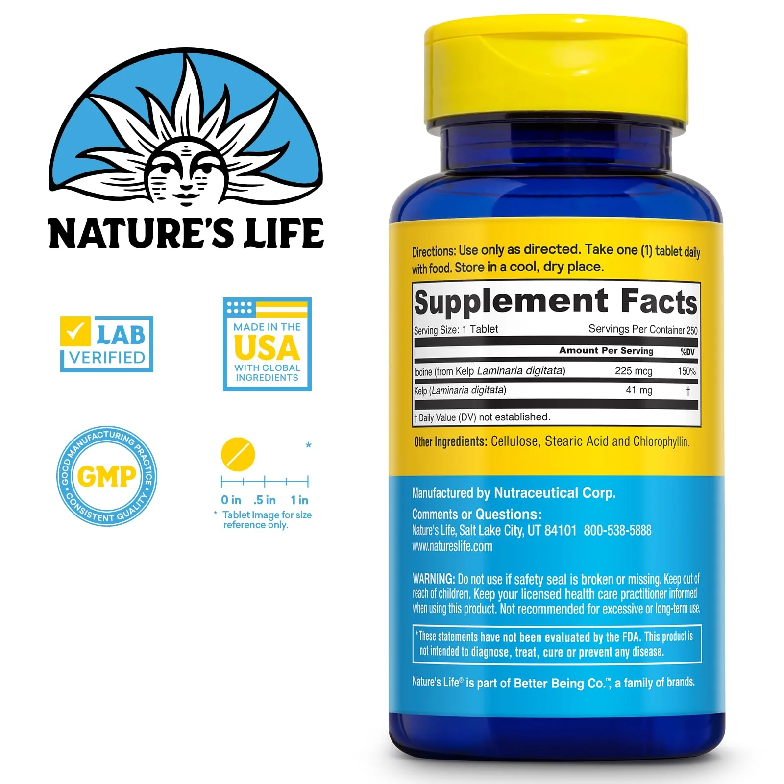 Nature's Life Icelandic Kelp 41 mg - Sea Kelp Iodine Supplement from Icelandic Seawater - Thyroid Support for Women and Men with 225mcg Natural Iodine - 60-Day Guarantee, 250 Servings, 250 Tablets - Image 2