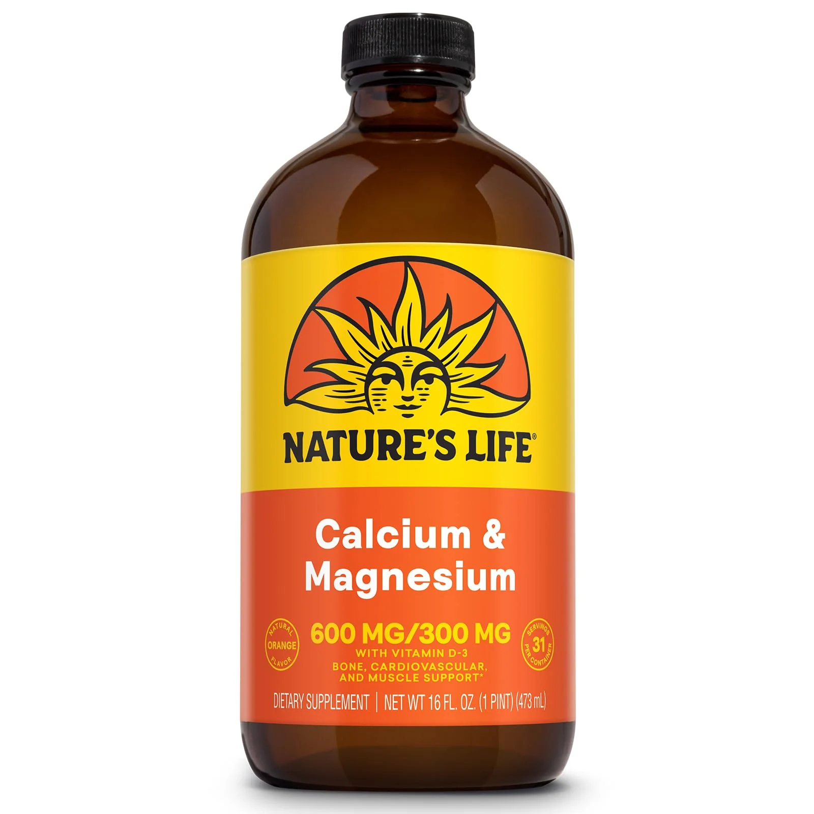 NATURE'S LIFE Liquid Calcium Magnesium Supplement with Vitamin D 3 - Bone Health, Muscle, Heart Health and Immune Support - Natural Orange Flavor, 60-Day Guarantee, Lab Verified, 31 Servings, 16 FL OZ