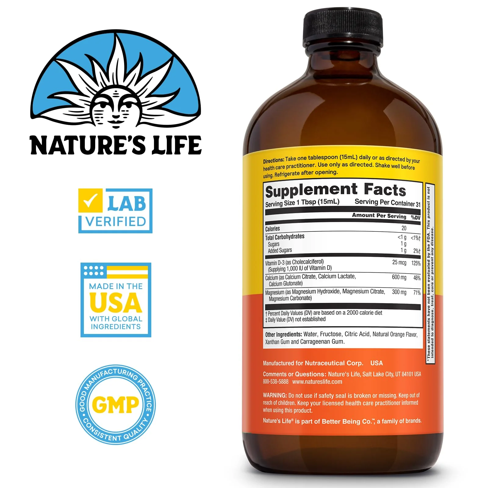 NATURE'S LIFE Liquid Calcium Magnesium Supplement with Vitamin D 3 - Bone Health, Muscle, Heart Health and Immune Support - Natural Orange Flavor, 60-Day Guarantee, Lab Verified, 31 Servings, 16 FL OZ - Image 2