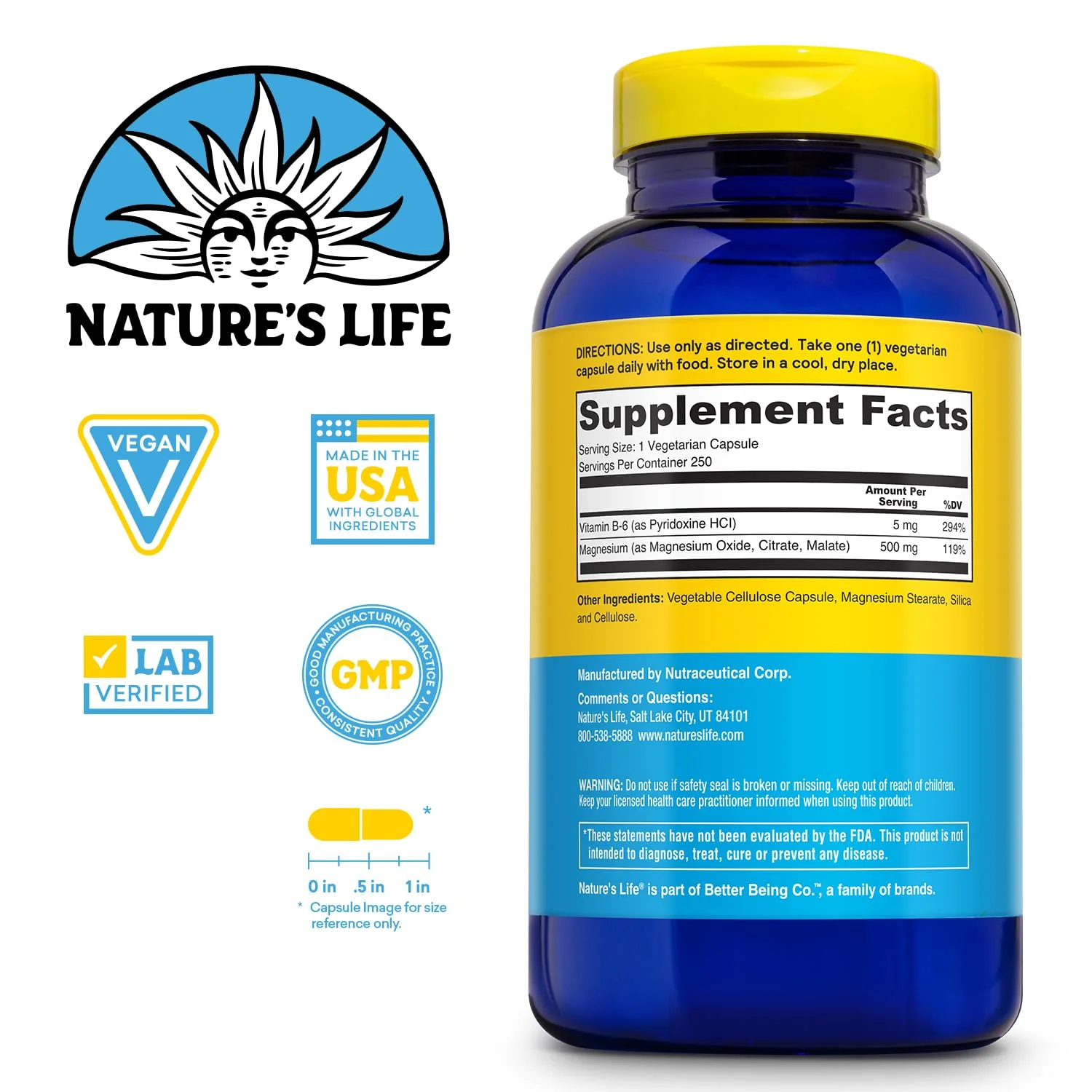 Natures Life Renewing Magnesium 500 mg - Citrate, Malate, Oxide Plus Vitamin B-6 - Muscles and Nerves Support - Lab Verified (250 Servings, 250 VegCaps) - Image 2