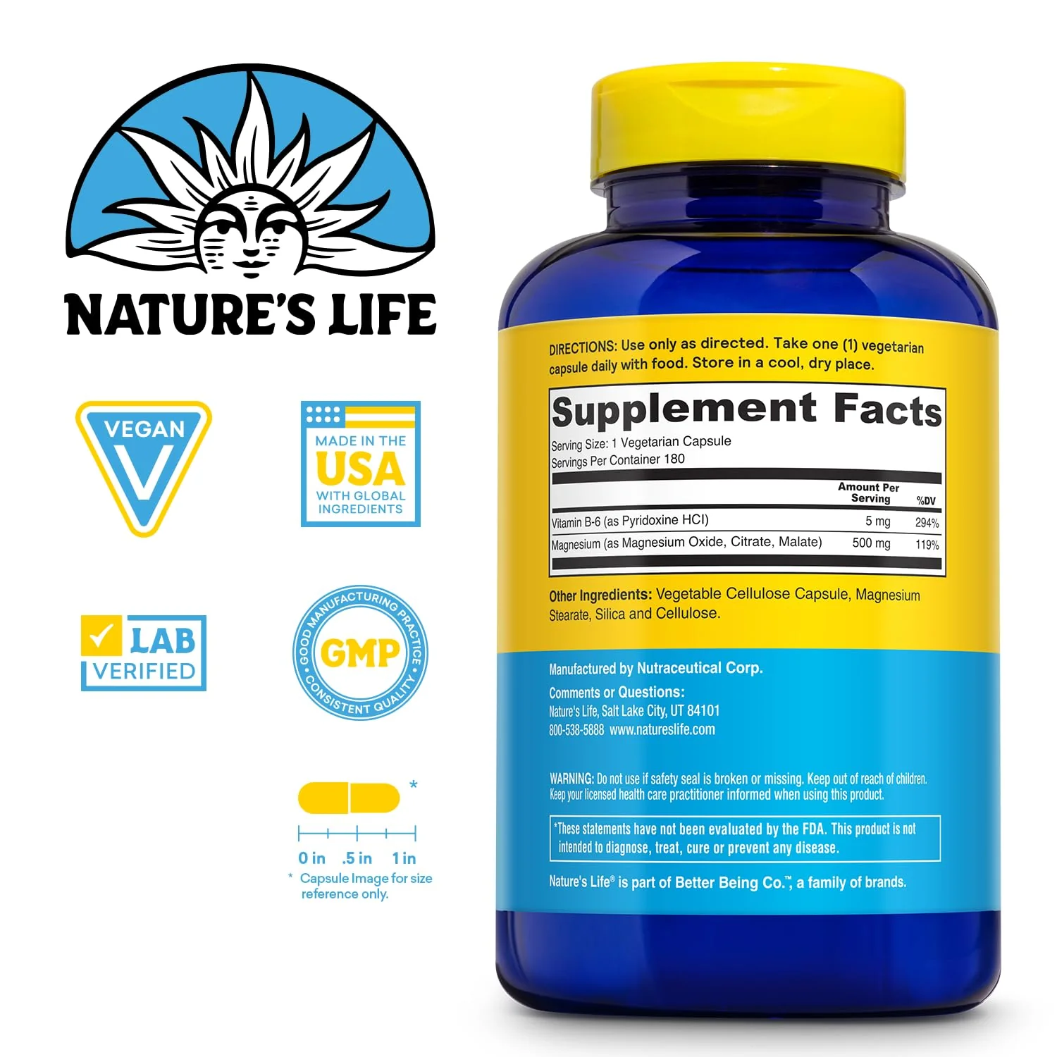 Natures Life Renewing Magnesium 500 mg - Plus Vitamin B-6 - Muscles and Nerves Support - Lab Verified (180 Servings, 180 VegCaps) - Image 2