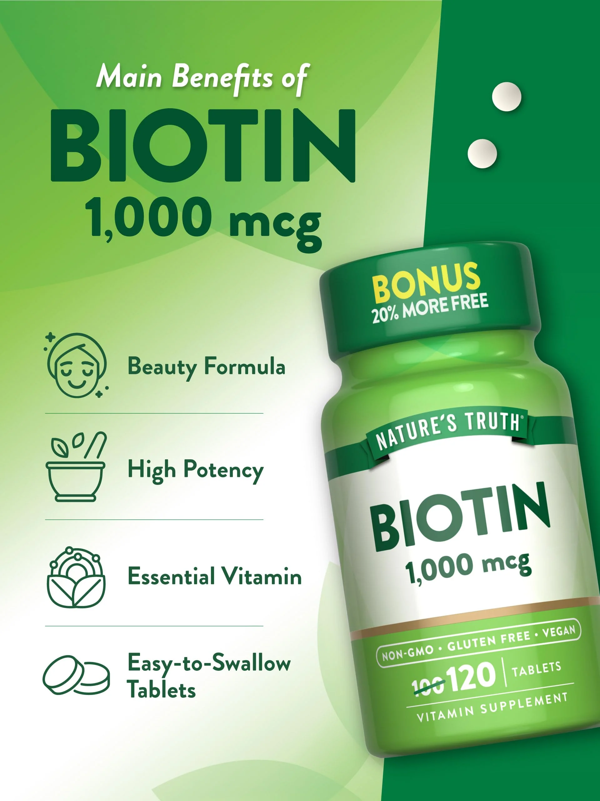 Nature's Truth Biotin 1000mcg | 120 Tablets | Vegan, Non-GMO, Gluten Free Supplement - Image 4