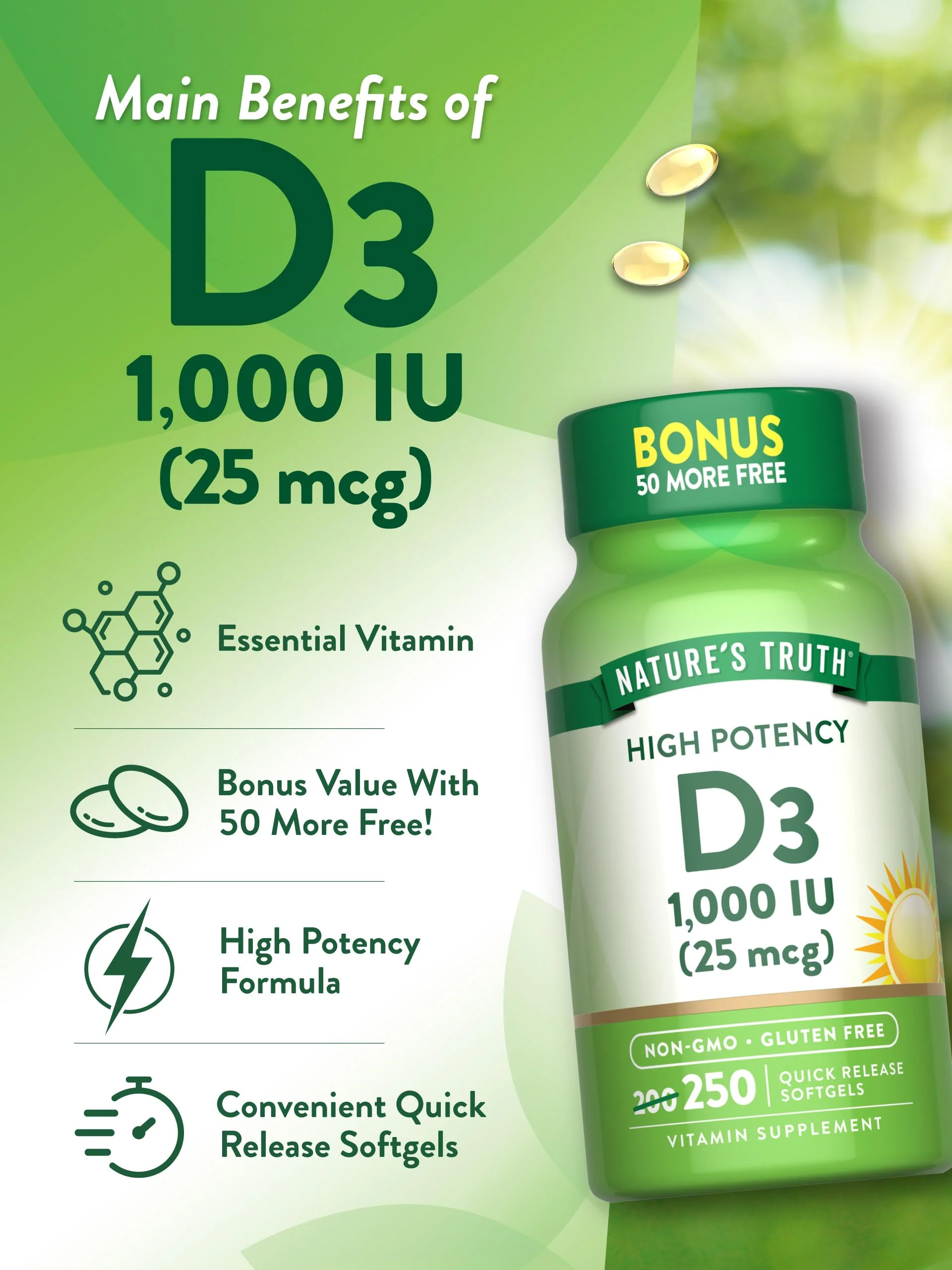 Nature's Truth D3 1000 IU | 250 Softgels | Essential Vitamin D | Non-GMO & Gluten Free Supplement - Image 4