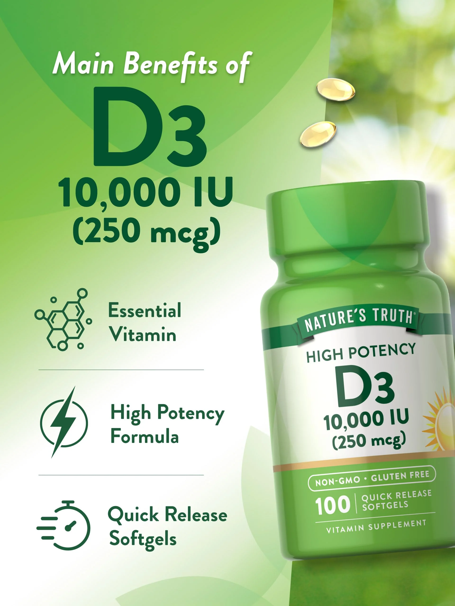 Nature's Truth D3 Vitamin 10,000 IU Softgels Supplement | 100 Count | High Potency Formula | Non-GMO and Gluten Free - Image 4