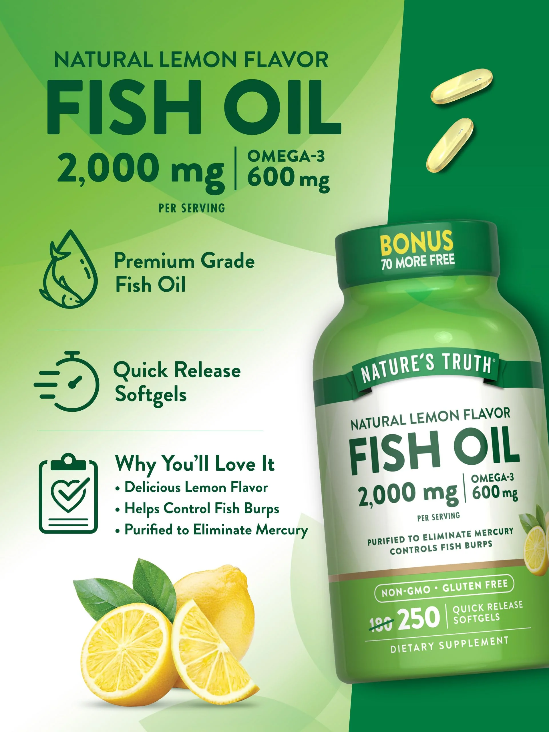 Nature's Truth Fish Oil 2000 mg | 600 mg Omega 3 | 250 Softgels | Natural Lemon Flavor | Non-GMO and Gluten Free Supplement - Image 4
