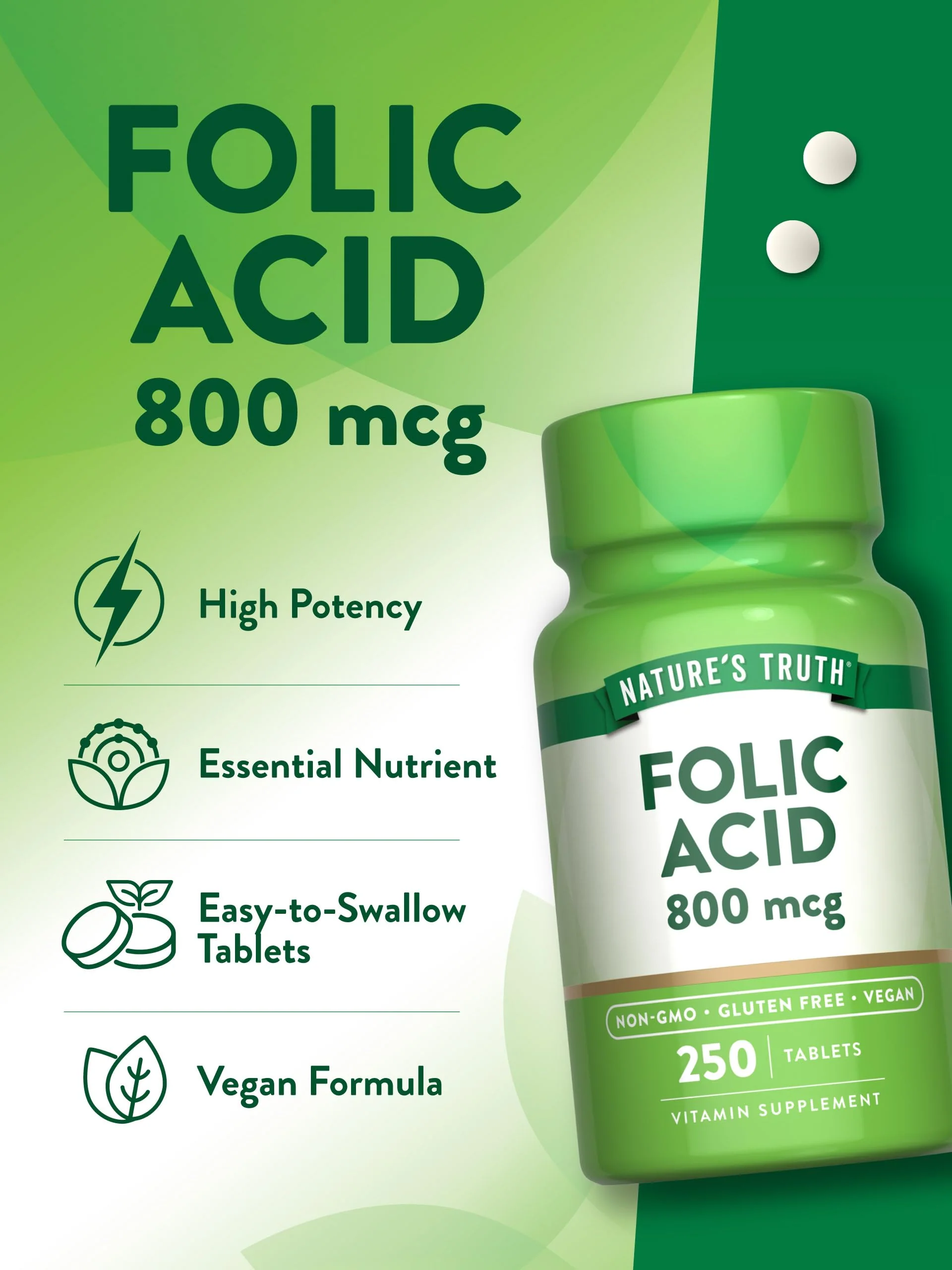 Nature's Truth Folic Acid | 800 mcg | 250 Tablets | Vegan, Non-GMO & Gluten Free Supplement - Image 4