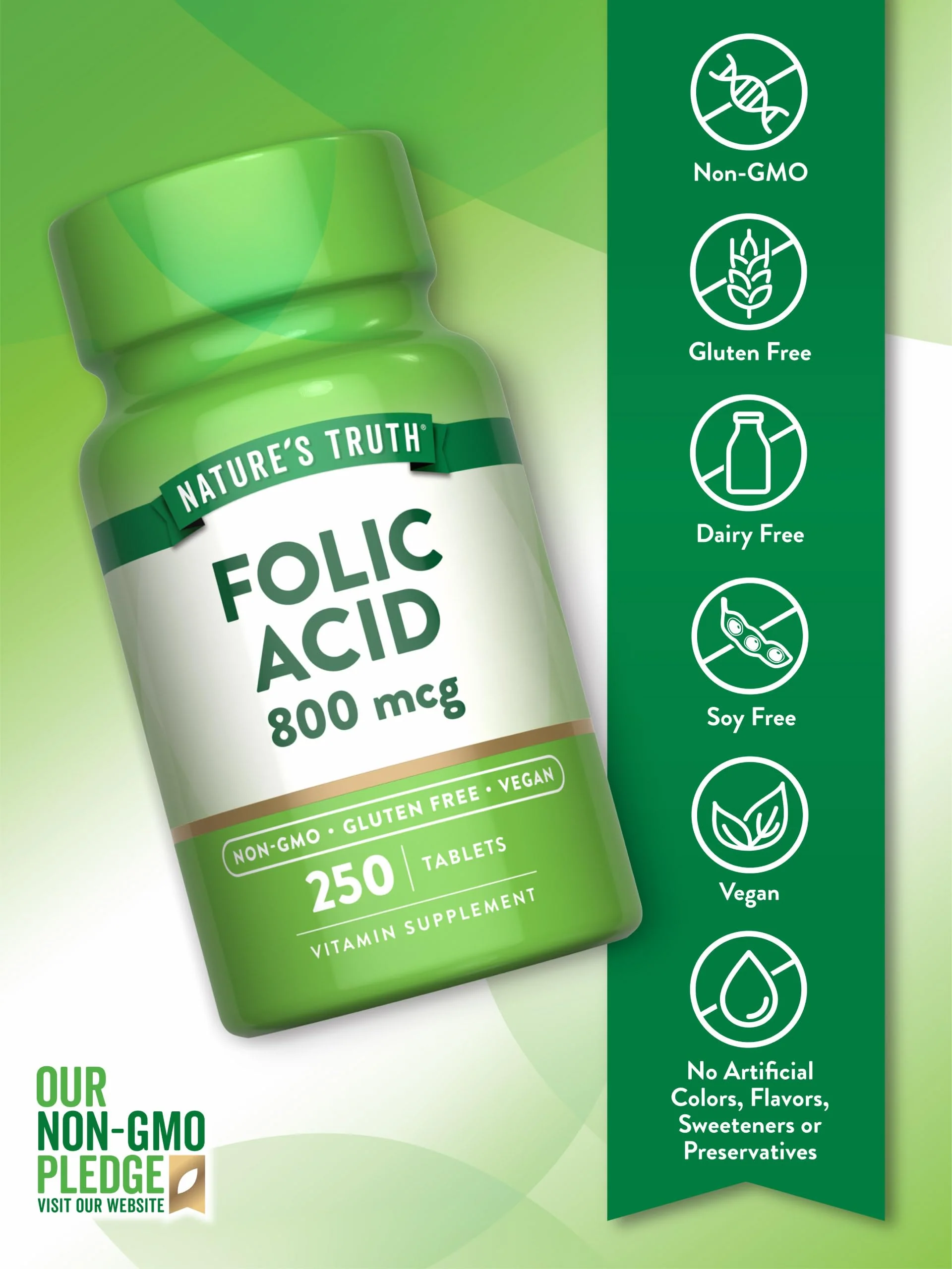 Nature's Truth Folic Acid | 800 mcg | 250 Tablets | Vegan, Non-GMO & Gluten Free Supplement - Image 6