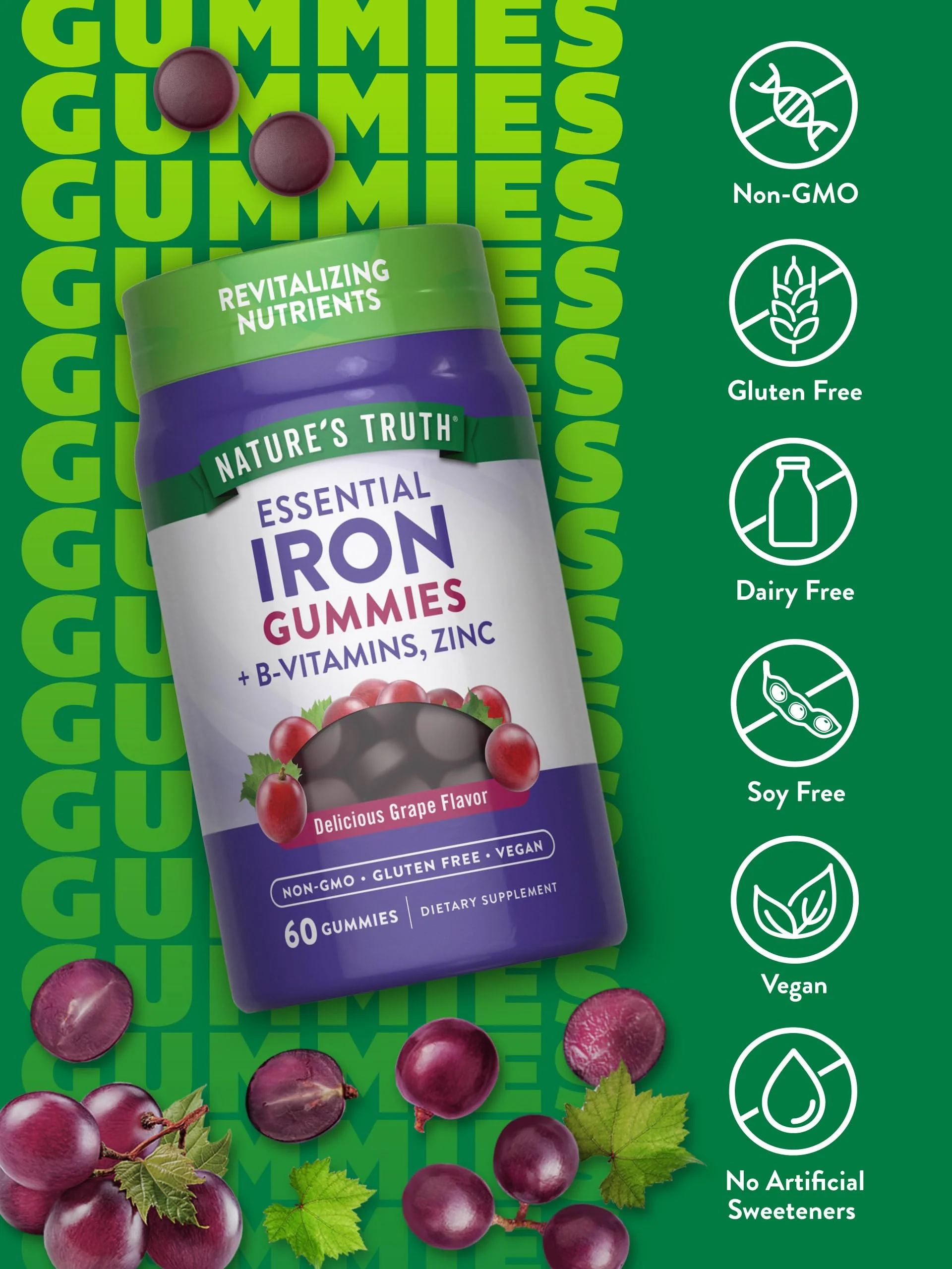 Nature's Truth Iron Gummies | 60 Count | Vegan, Non-GMO & Gluten Free Supplement | with Zinc & B Vitamins | Grape Flavor - Image 6