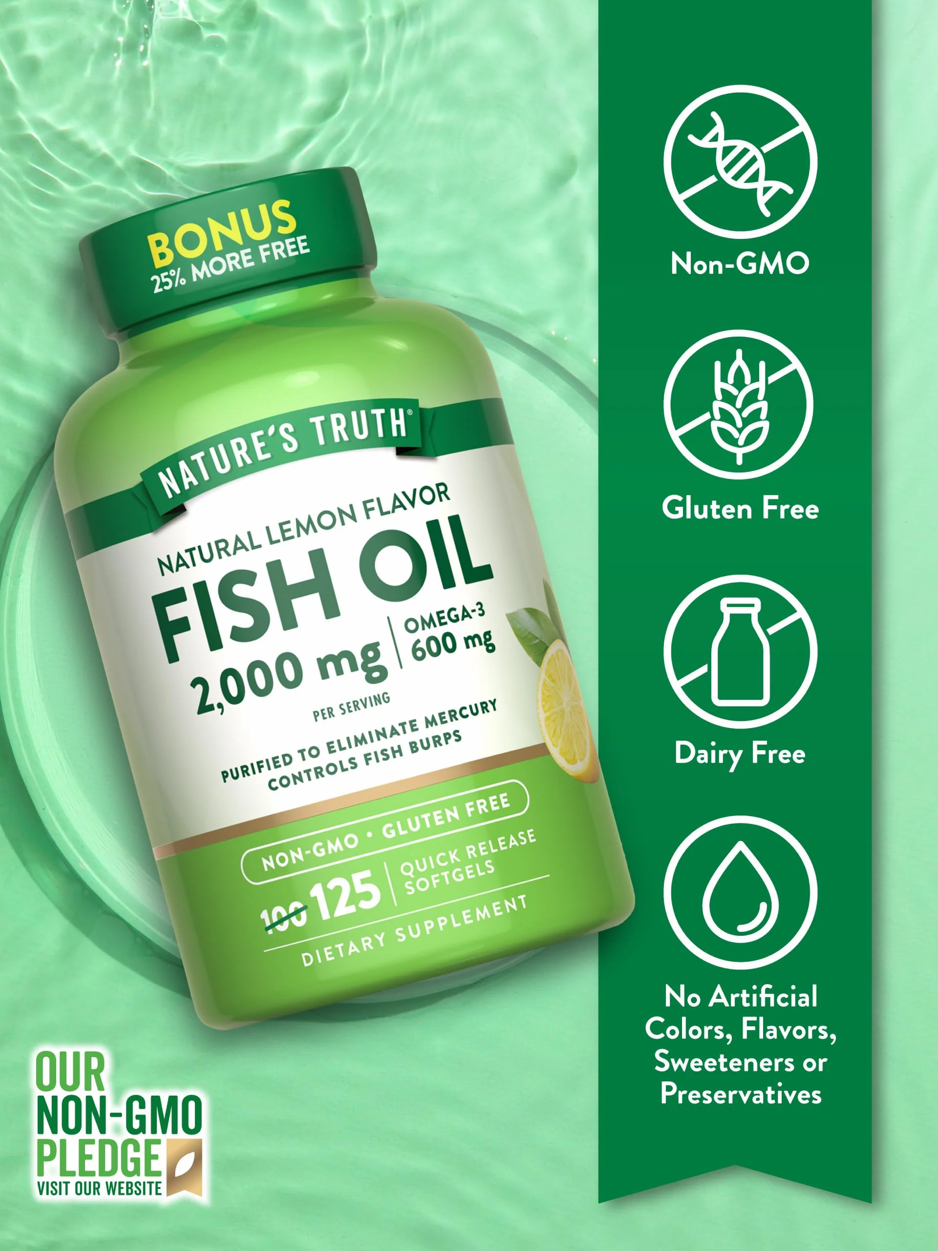 Nature's Truth Omega 3 Fish Oil 2000 mg | 125 Liquid Softgels | Burpless, Lemon Flavor Pills | Non-GMO and Gluten Free Supplement - Image 6