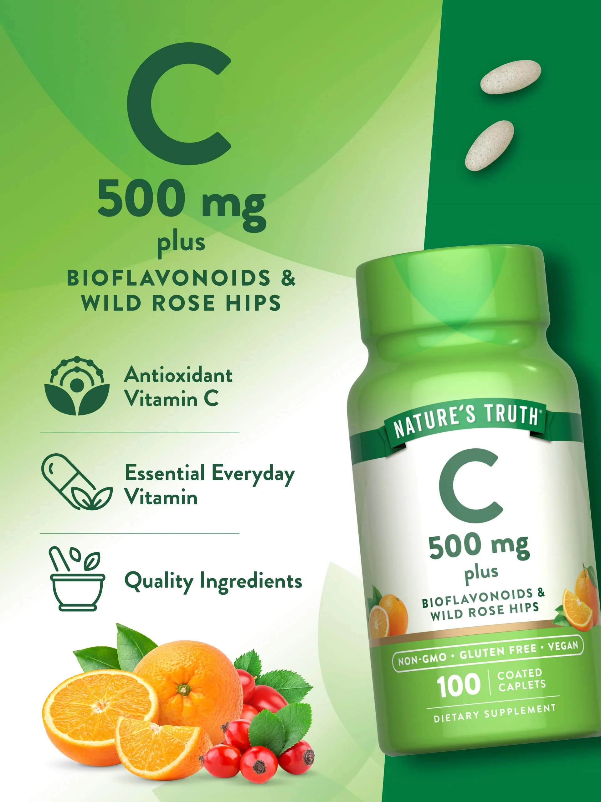 Nature's Truth Vitamin C with Rose Hips and Bioflavonoids | 500mg | 100 Caplets | Vegan, Non-GMO & Gluten Free - Image 4