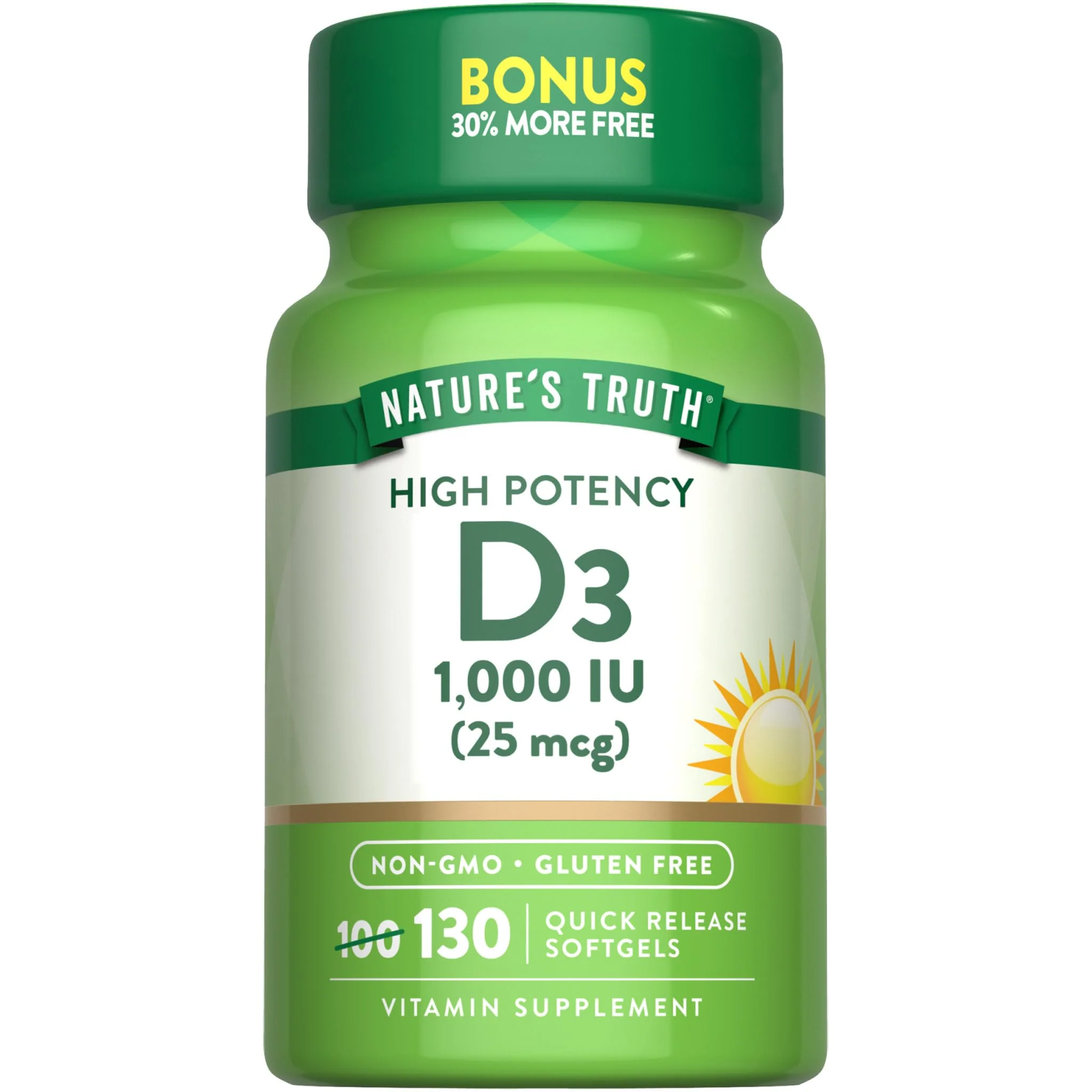 Nature's Truth Vitamin D3 1000 IU Softgels | High Potency Formula | 25 mcg | Non-GMO & Gluten Free Supplement