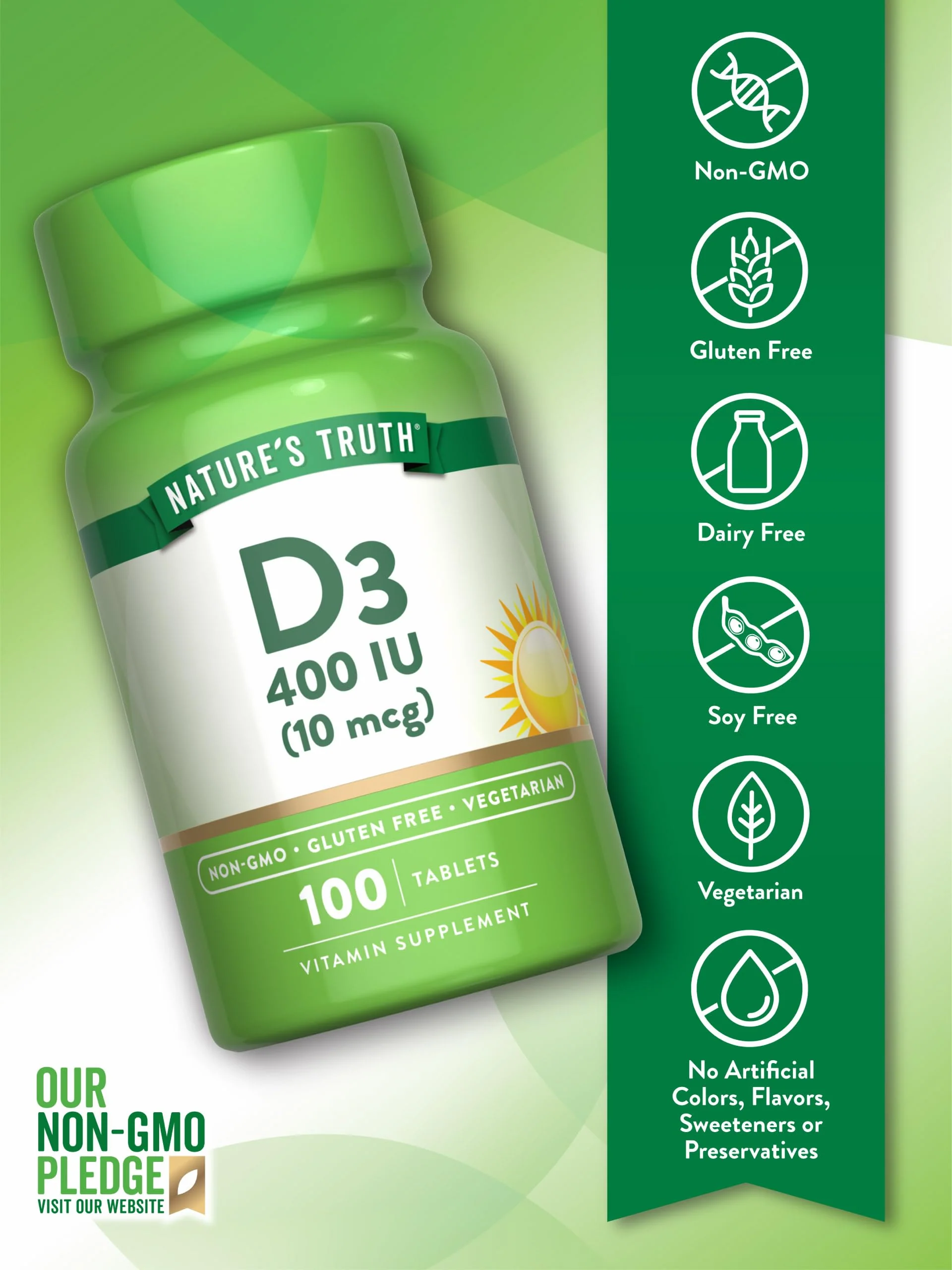Nature's Truth Vitamin D3 | 400 iu (10 mcg) | 100 Tablets | Vegetarian, Non-GMO, & Gluten Free Supplement - Image 6