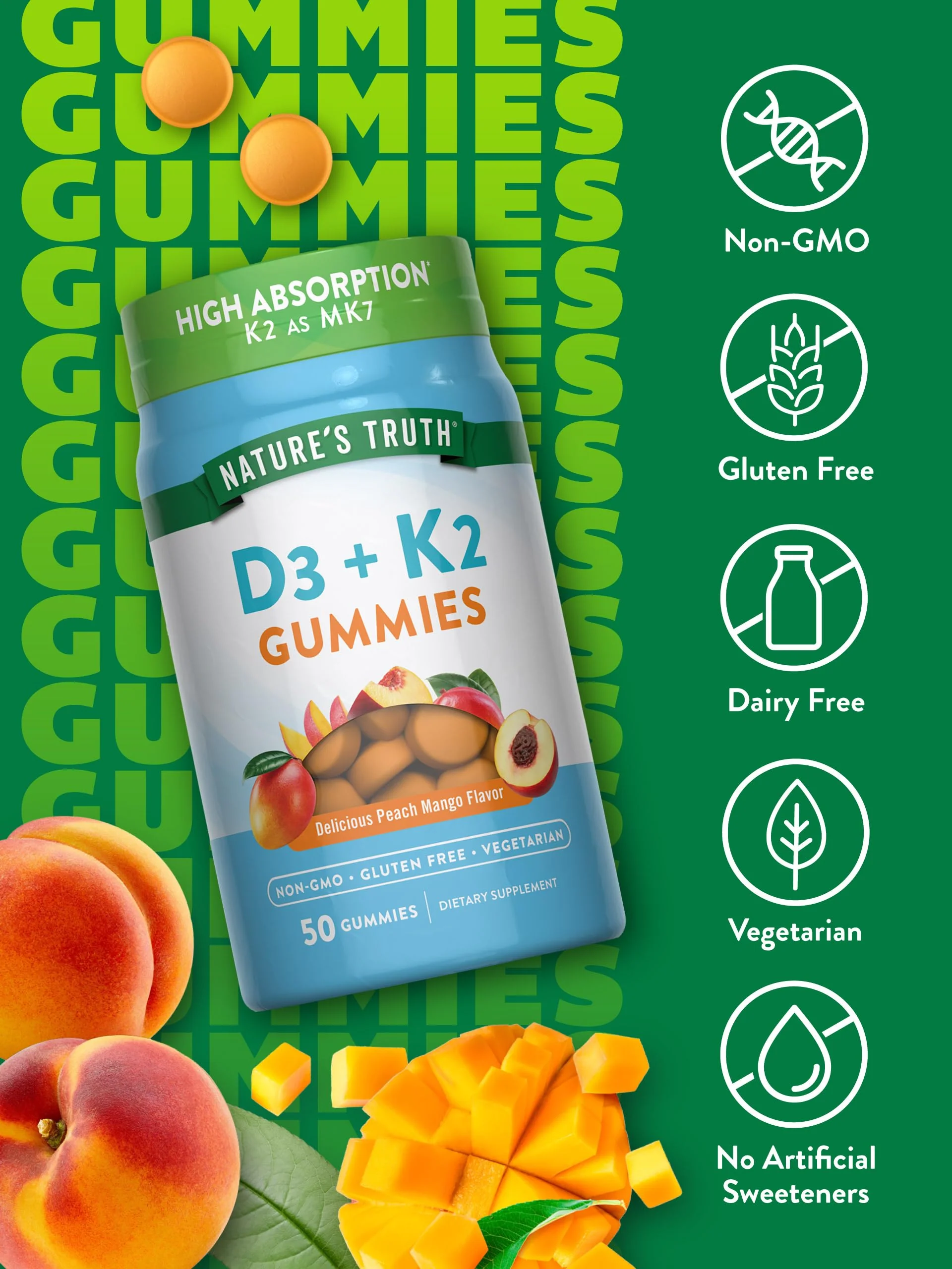 Nature's Truth Vitamin D3 + K2 Gummies | 50 Count | Peach Mango Flavor | Vegetarian, Non-GMO & Gluten Free Supplement - Image 6