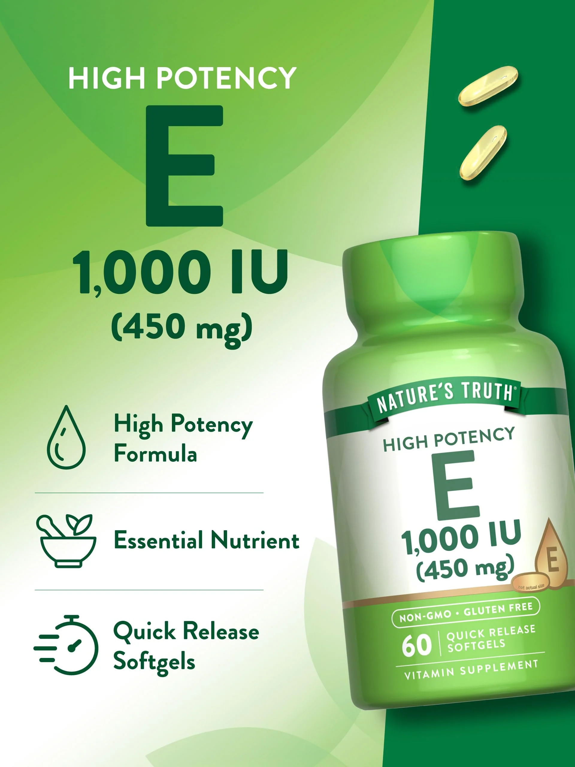 Nature's Truth Vitamin E Softgels | 1000 IU | 60 Count | Non-GMO & Gluten Free Supplement - Image 4
