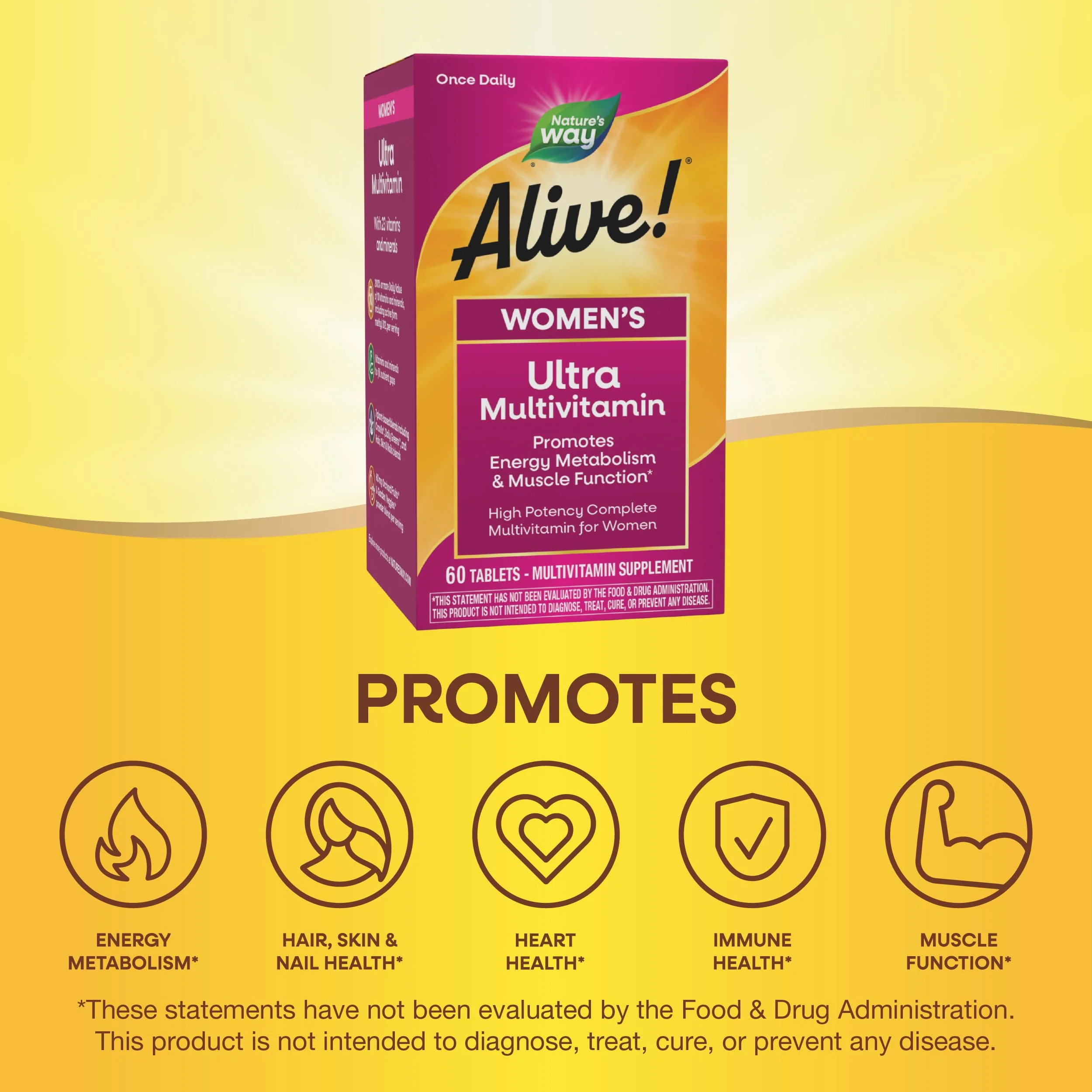 Nature's Way Alive! Ultra Multivitamin for Women, Complete Daily Women's Vitamins, High Potency Formula, Promotes Energy Metabolism and Muscle Function*, Vitamin A, C, D, Methylated B12, 60 Tablets - Image 6