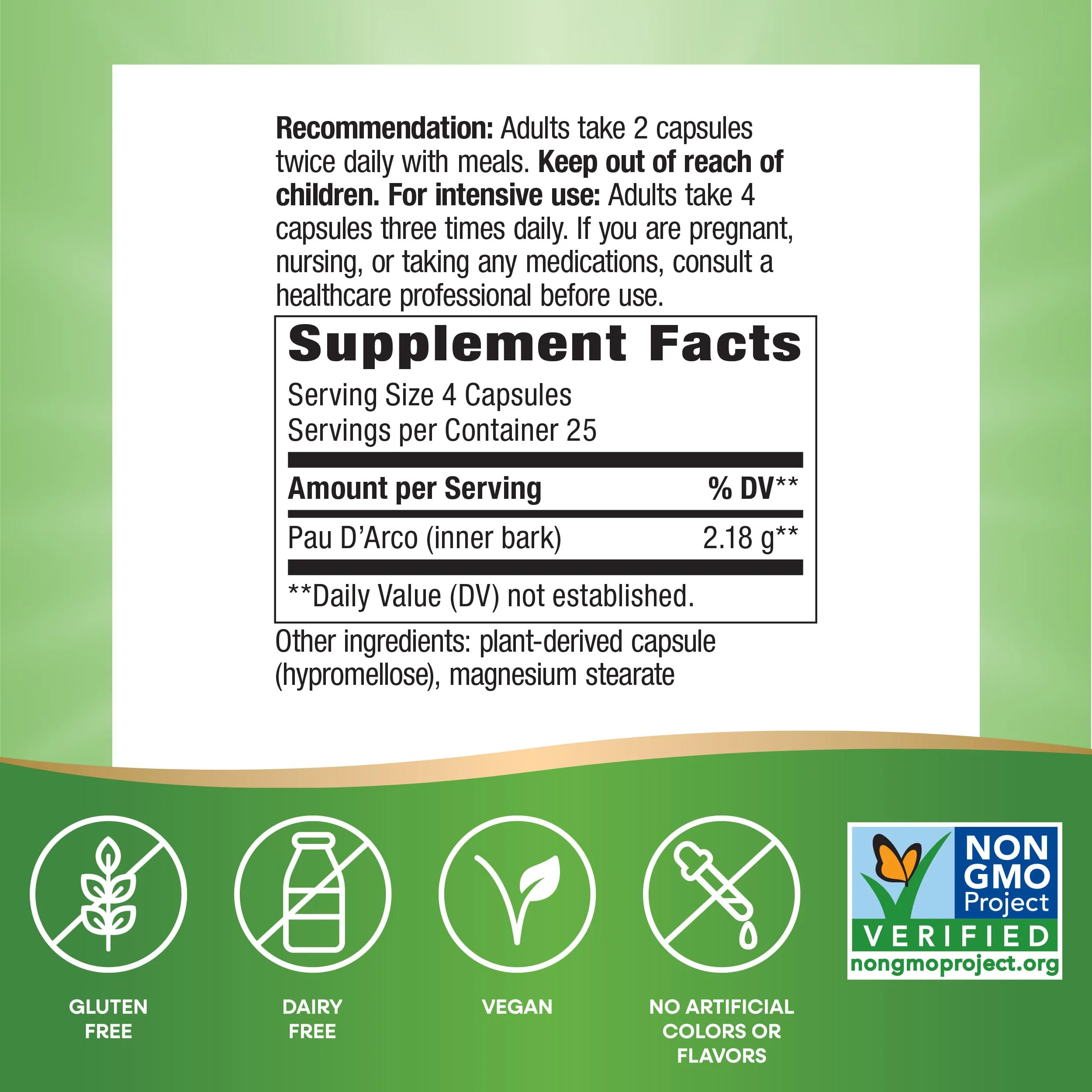 Nature's Way PAU d'Arco Inner Bark, Traditional South American Herb, 2,180 mg per 4-Capsule Serving, Non-GMO Project Verified, 100 Capsules (Packaging May Vary) - Image 5