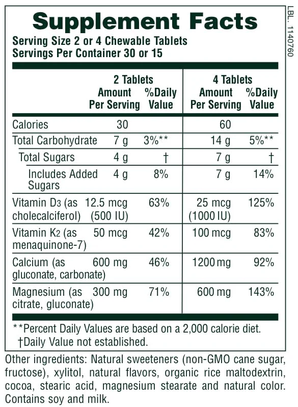 NaturesPlus Cal/Mag/VIT D3 with Vitamin K2-60 Chewable Tablets - Chocolate Flavor - Calcium, Magnesium, Vitamin D3 & K2 Bone Health Support Supplement - 30 Servings - Image 6