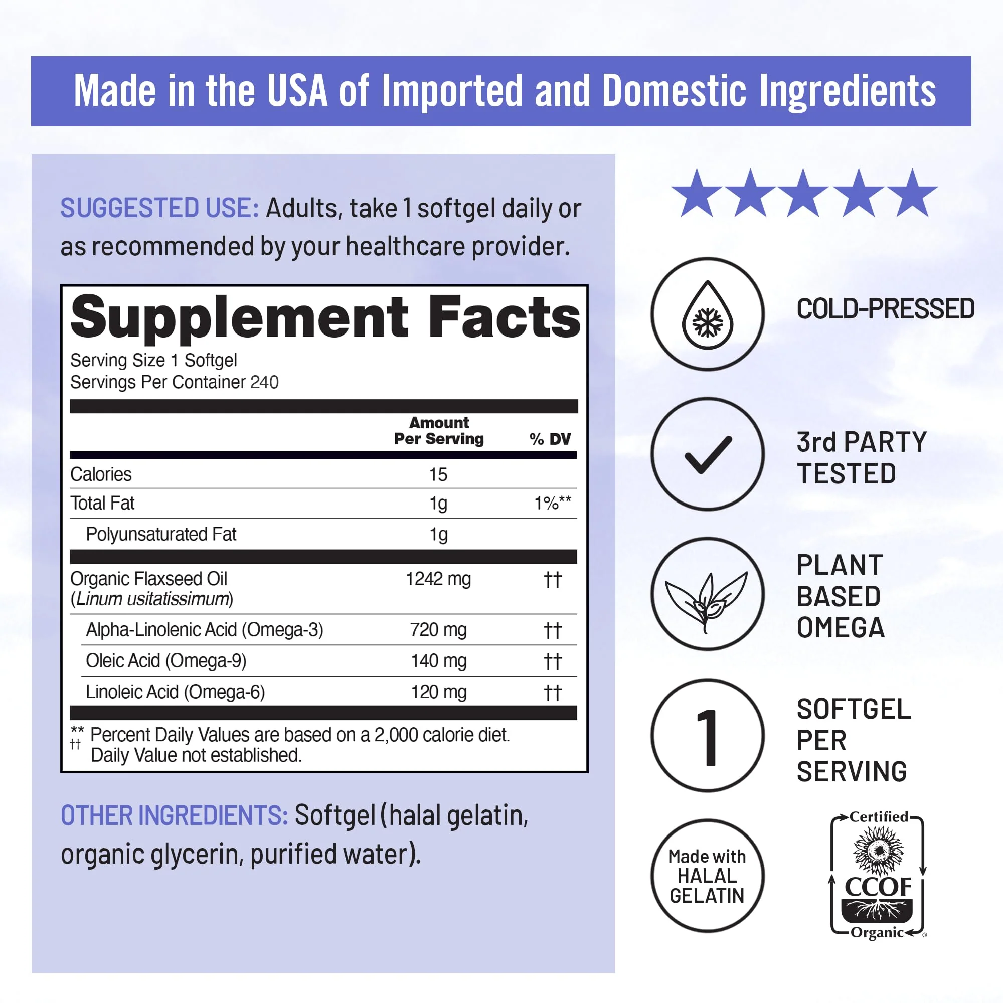 NatureWise Flaxseed Oil 1,242 mg, Fish Free Omega 3 6 9 with 720mg ALA, Dietary Supplement for Heart Health Support - Organic, Cold Pressed, Non-GMO - 240 Softgels[8-Month Supply] - Image 9