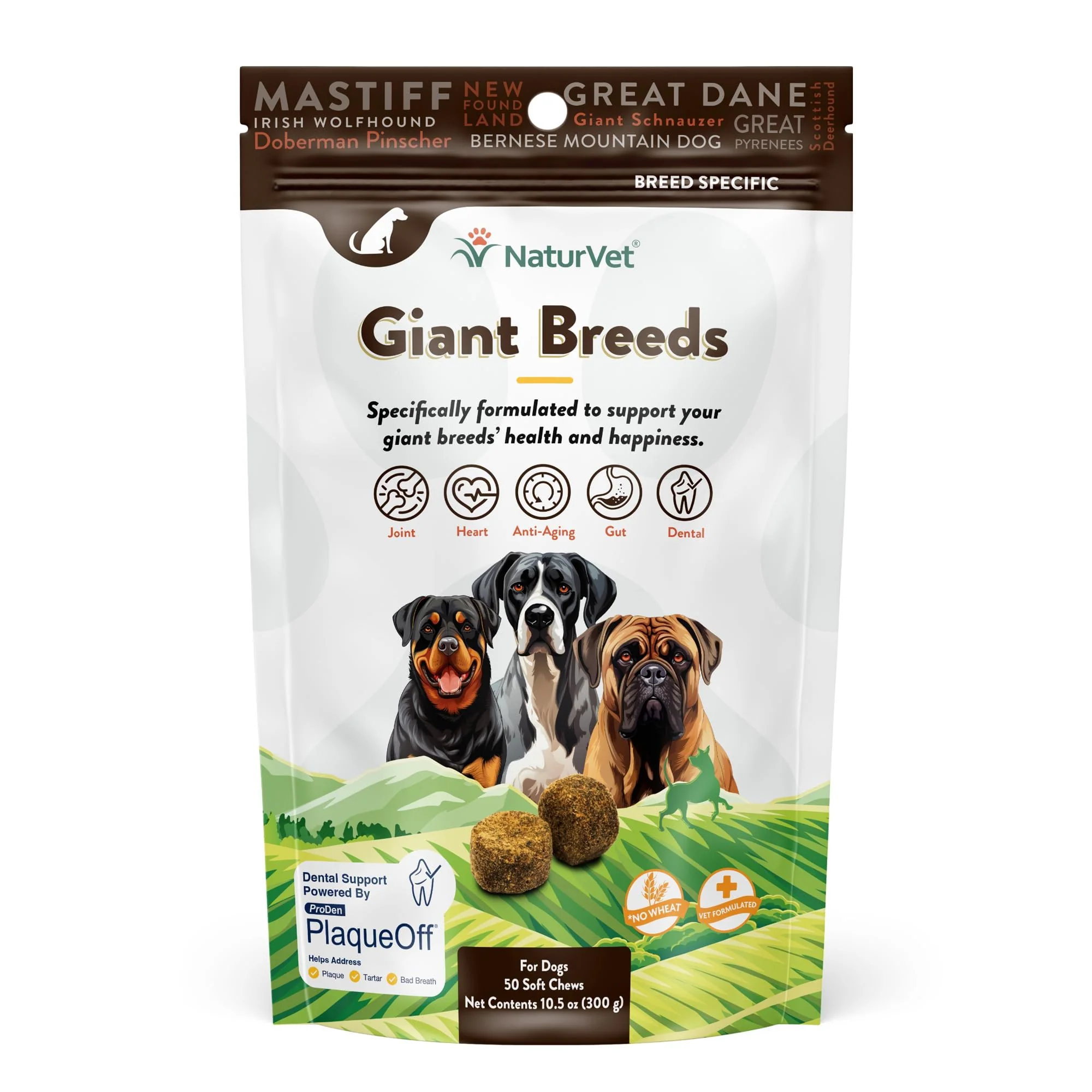 NaturVet Giant Breeds Supplement- for Joint Support, Digestion, Skin, Coat Care- Dog Multivitamins with Minerals, Omega-3, PlaqueOff- Wheat-Free Vitamins for Dogs- Giant Breeds- 50 Soft Chews