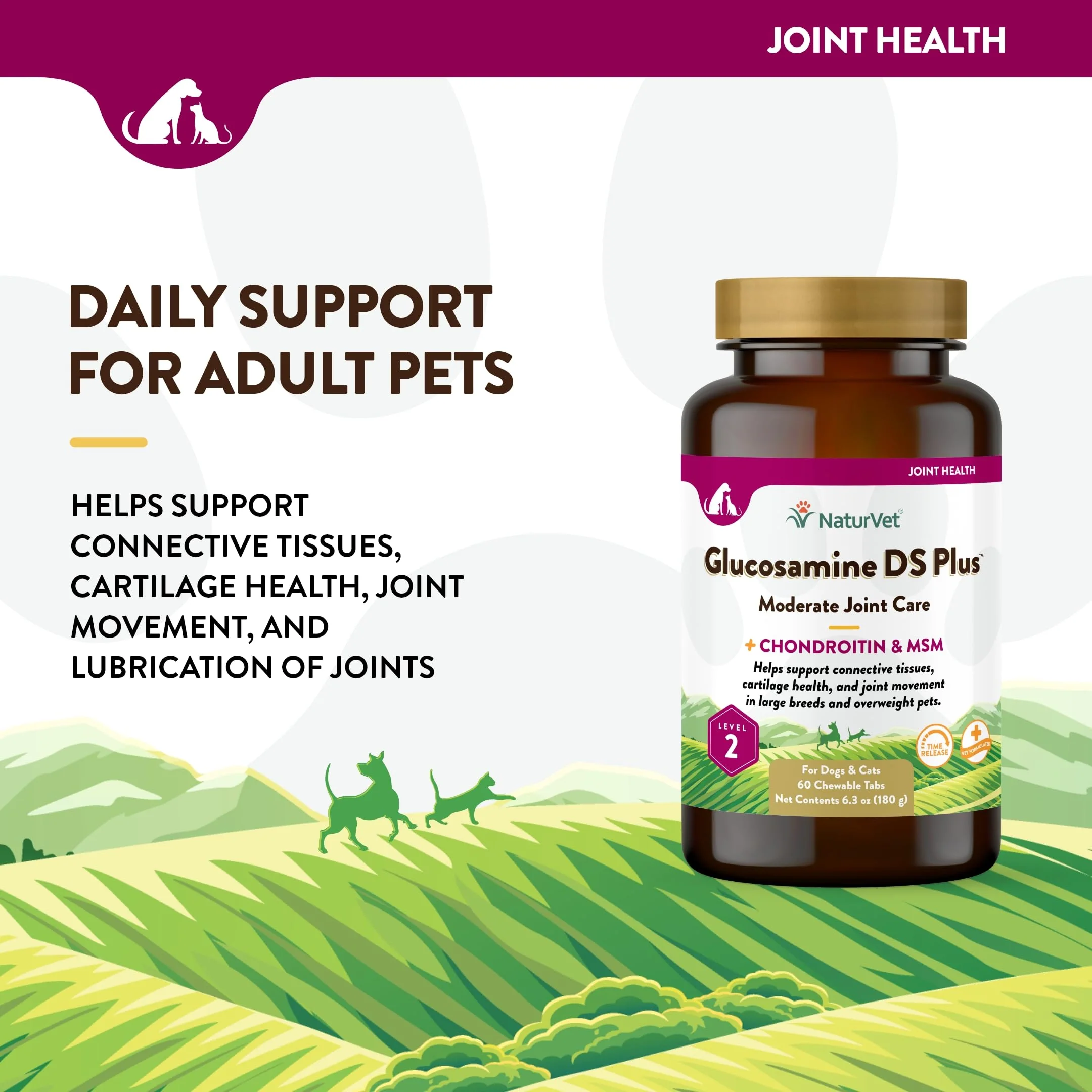 NaturVet Glucosamine DS Plus Level 2 Moderate Care Joint Support Supplement for Dogs and Cats, Chewable Tablets Time Release, Made in The USA, 60 Count - Image 7