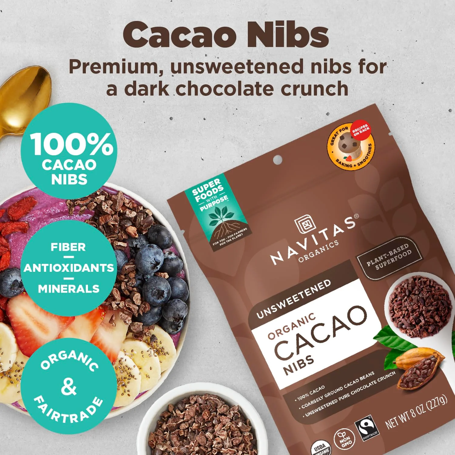 Navitas Organics Cacao Nibs – Unsweetened Dark Chocolate Crunch – Antioxidants, Minerals, Fiber – For Trail Mix, Baking & More – USDA Organic, Fairtrade, Non GMO, Gluten Free, Non-alkalized (8oz. Bag 76 Servings) - Image 2