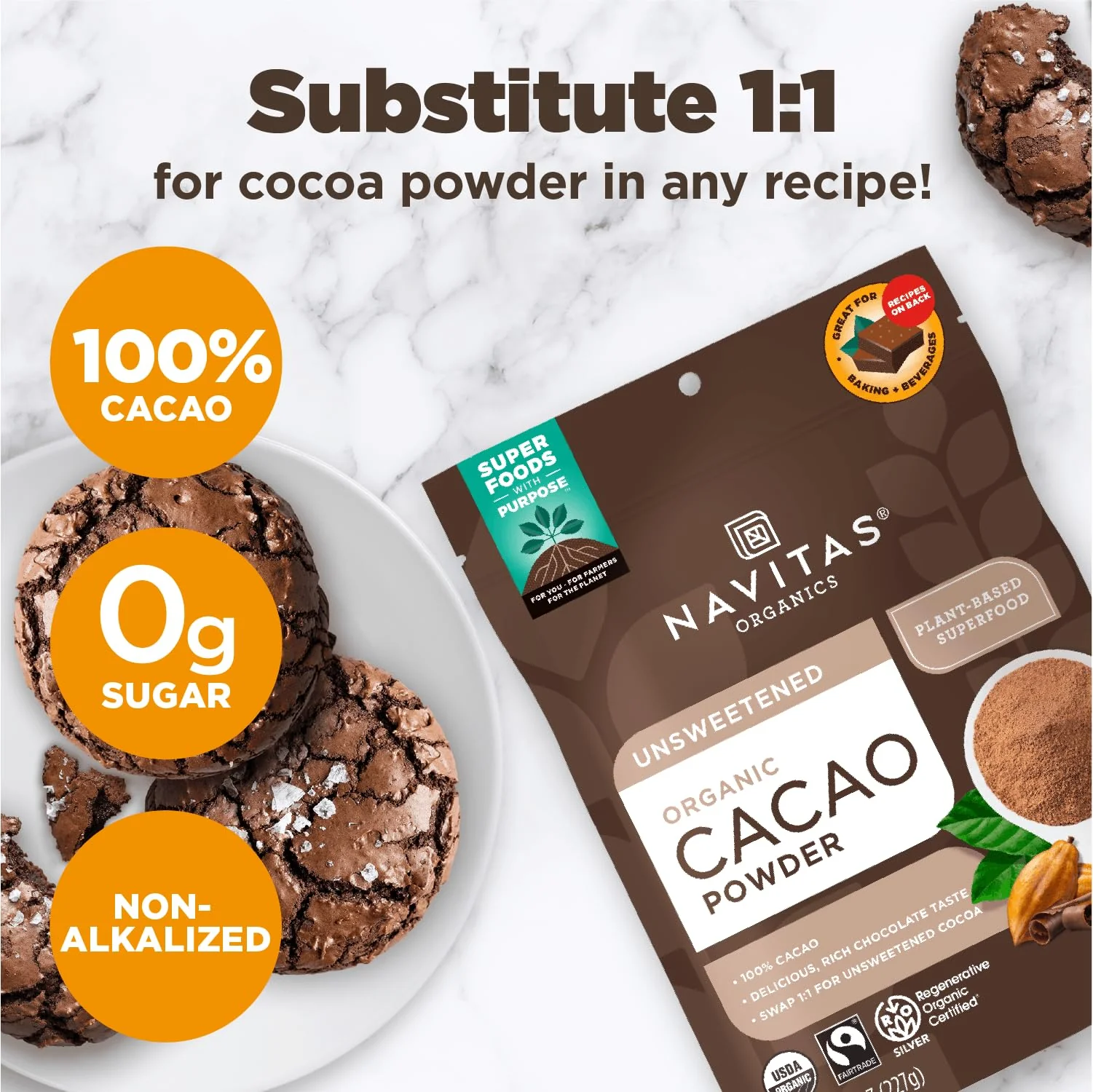 Navitas Organics Cacao Powder - Cocoa Powder Substitute 1:1, For Hot Chocolate, Baking & More - Regenerative Organic Certified, Non GMO, Fairtrade, Gluten Free, Non-alkalized (8oz. Bag, 38 Servings) - Image 5