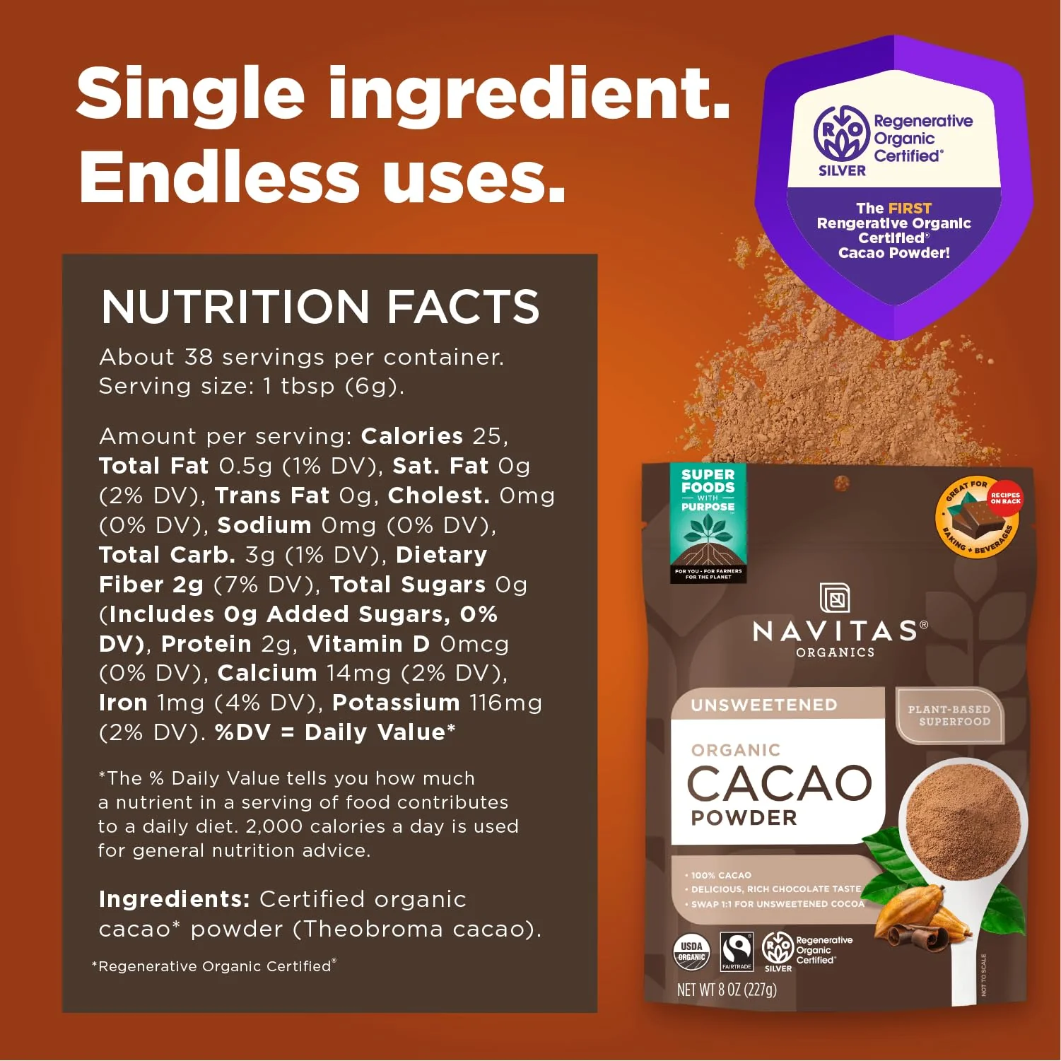 Navitas Organics Cacao Powder - Cocoa Powder Substitute 1:1, For Hot Chocolate, Baking & More - Regenerative Organic Certified, Non GMO, Fairtrade, Gluten Free, Non-alkalized (8oz. Bag, 38 Servings) - Image 6