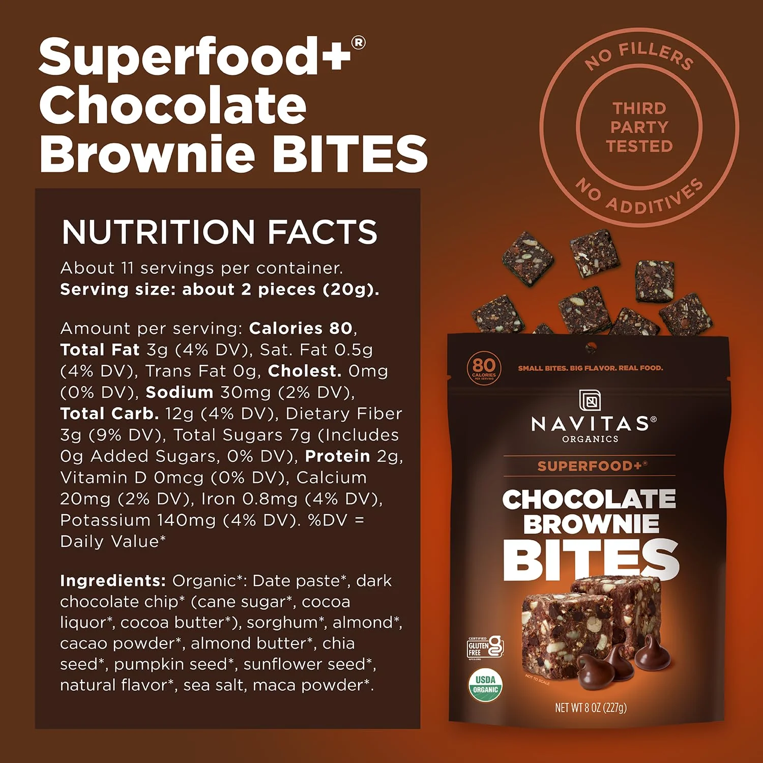 Navitas Organics Chocolate Brownie Superfood+ BITES – Power Snacks – All Natural Plant Based – Clean Energy & Nutrition – USDA Organic, Non GMO, Gluten Free, Kosher, Vegan (8oz. Bag 11 Servings) - Image 6