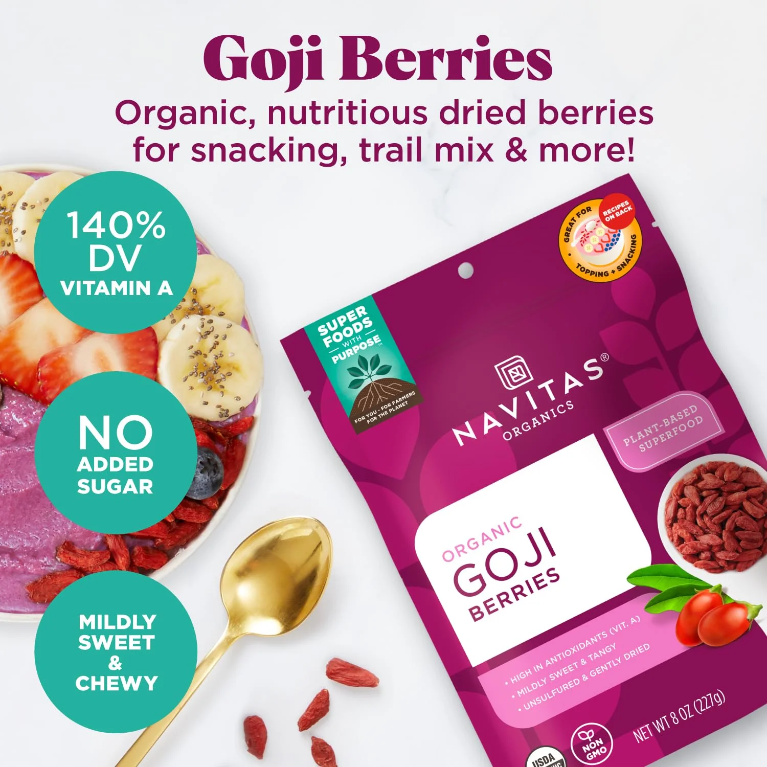 Navitas Organics Goji Berries – For Smoothies, Trail Mix, Baked Goods, Oatmeal & More – Vitamin A, Antioxidants, Fiber – Wolfberry - USDA Organic, Non GMO, Gluten Free, Vegan (16oz. Bag, 15 Servings) - Image 6