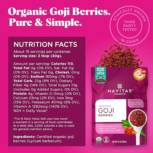 Navitas Organics Goji Berries – For Smoothies, Trail Mix, Baked Goods, Oatmeal & More – Vitamin A, Antioxidants, Fiber – Wolfberry - USDA Organic, Non GMO, Gluten Free, Vegan (16oz. Bag, 15 Servings) - Image 7