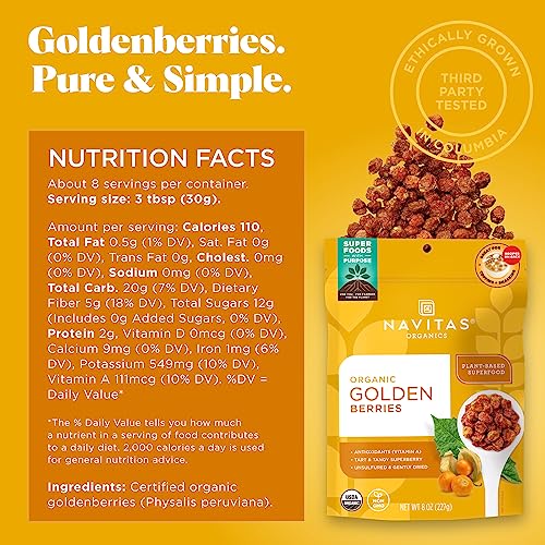 Navitas Organics Goldenberries– For Healthy Snacks, Topping, Baking & More – Dried Fruit – No Added Sugar & Sulfite Free – USDA Organic, Non GMO, Kosher, Gluten Free, Vegan (8oz. Bag, 8 Servings) - Image 12