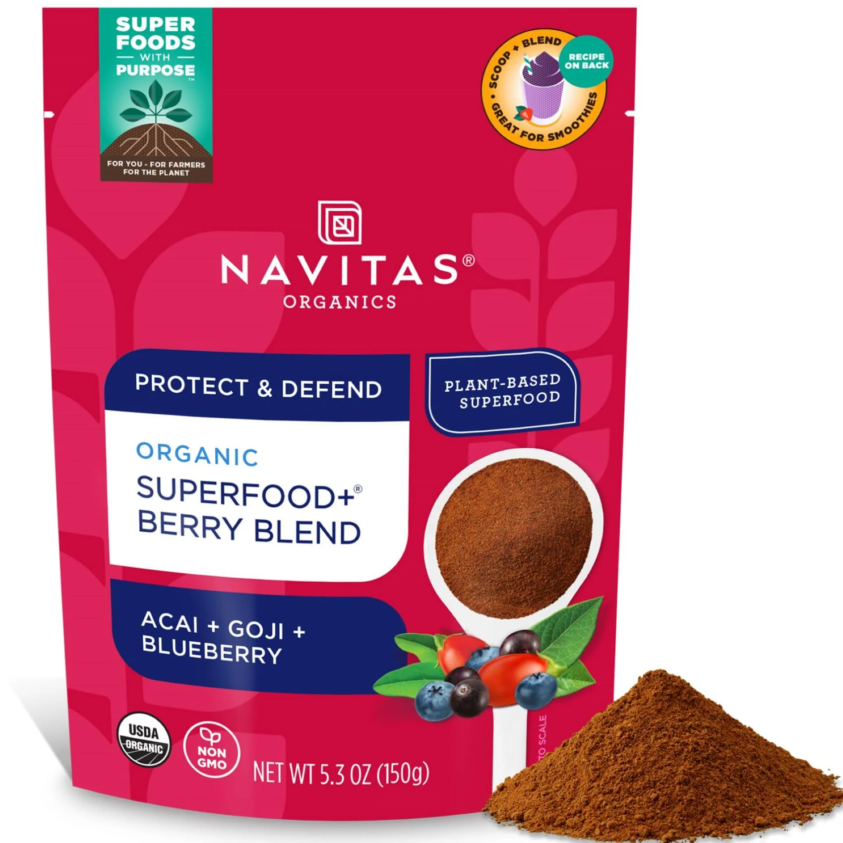 Navitas Organics Superfood+ for Immune Support (Acai + Goji + Blueberry), Bag, 30 Servings Organic, Non-GMO, Vegan, Gluten-Free, Keto & Paleo, Berry Blend, 5.3 Oz
