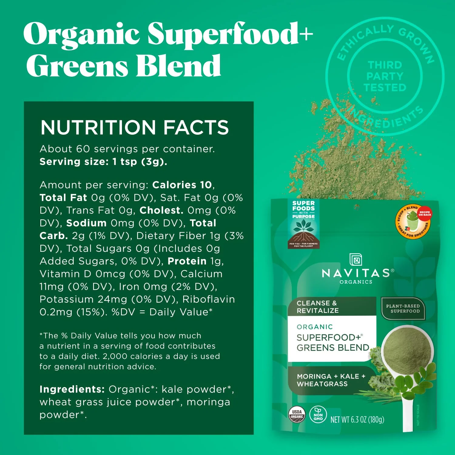 Navitas Organics Superfood+ Greens Blend for Detox Support (Moringa + Kale + Wheatgrass), 6.3oz Bag, 30 Servings — Organic, Non-GMO, Vegan, Gluten-Free, Keto & Paleo.… - Image 5